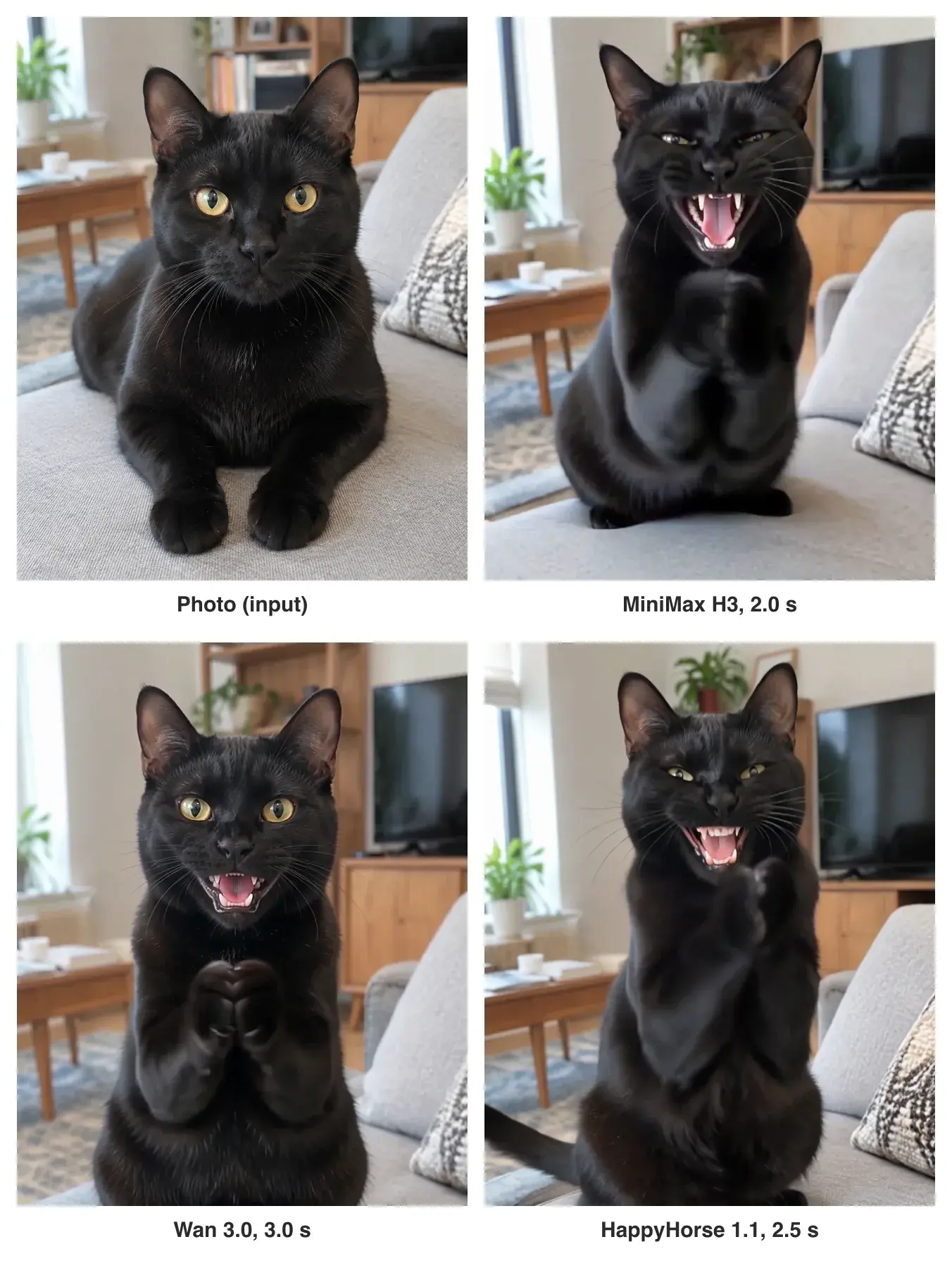 Four frames: the input image of a black cat lying on a grey sofa, then MiniMax H3 at 2.0 s, Wan 3.0 at 3.0 s and HappyHorse 1.1 at 2.5 s, each with the cat sitting up and its paws in front of its chest