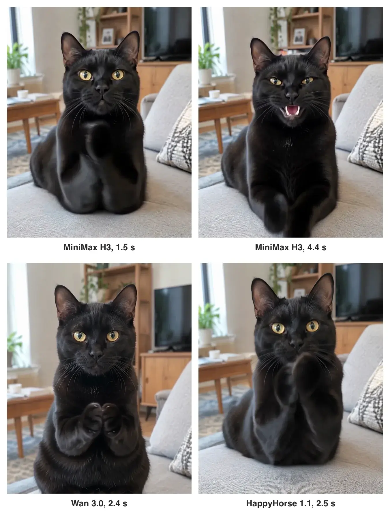 Four frames from the slower prompt: MiniMax H3 at 1.5 s and at 4.4 s, Wan 3.0 at 2.4 s and HappyHorse 1.1 at 2.5 s, with the cat sitting up and its paws in front of its chest