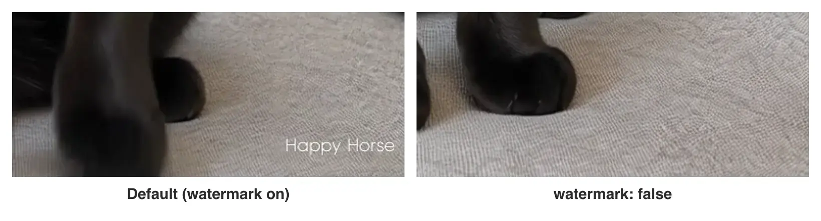 The bottom-right corner of the HappyHorse 1.1 clip with the watermark on and off