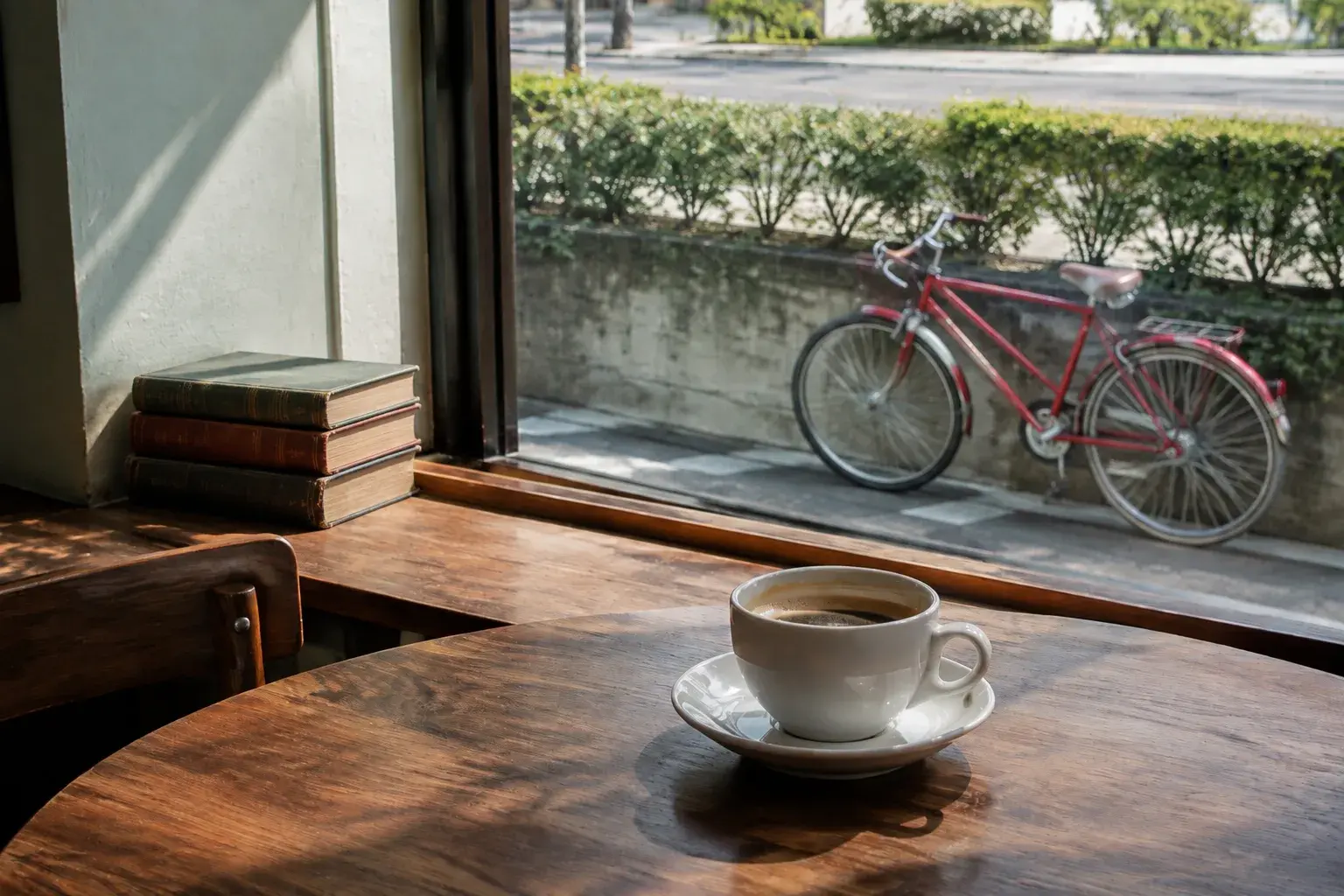 Der Cafétisch mit drei alten Hardcover-Büchern auf dem Fensterbrett, wo vorher die Topfpflanze stand