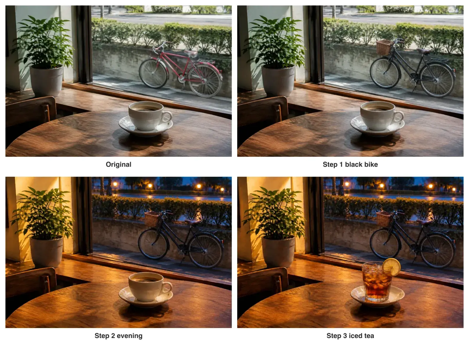 Ein 2x2-Raster desselben Cafétischs: das Original, ein schwarzes Fahrrad, eine Abendversion und Eistee statt Kaffee
