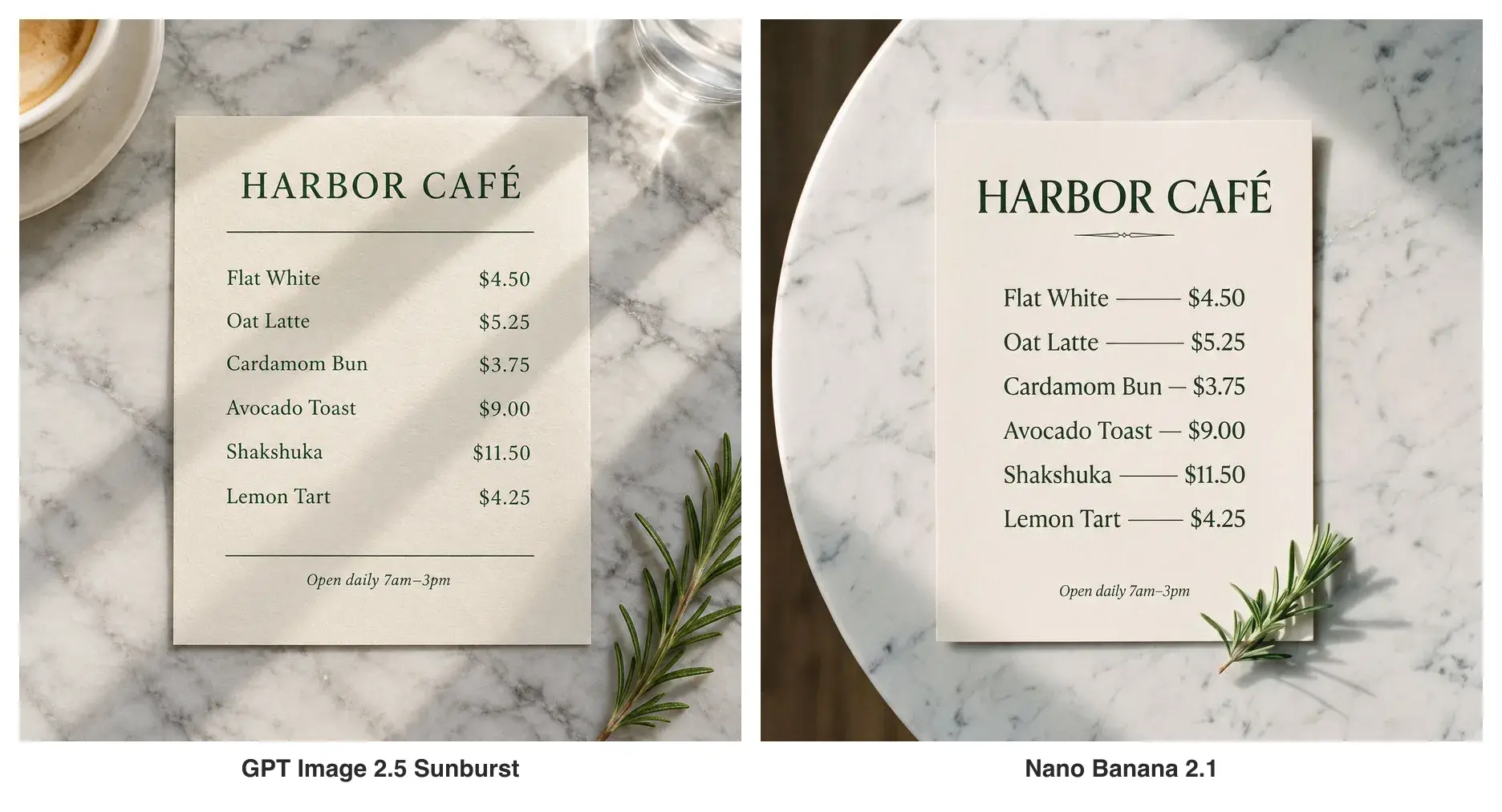 The café menu from the same prompt, run 1: GPT Image 2.5 Sunburst on the left, Nano Banana 2.1 on the right