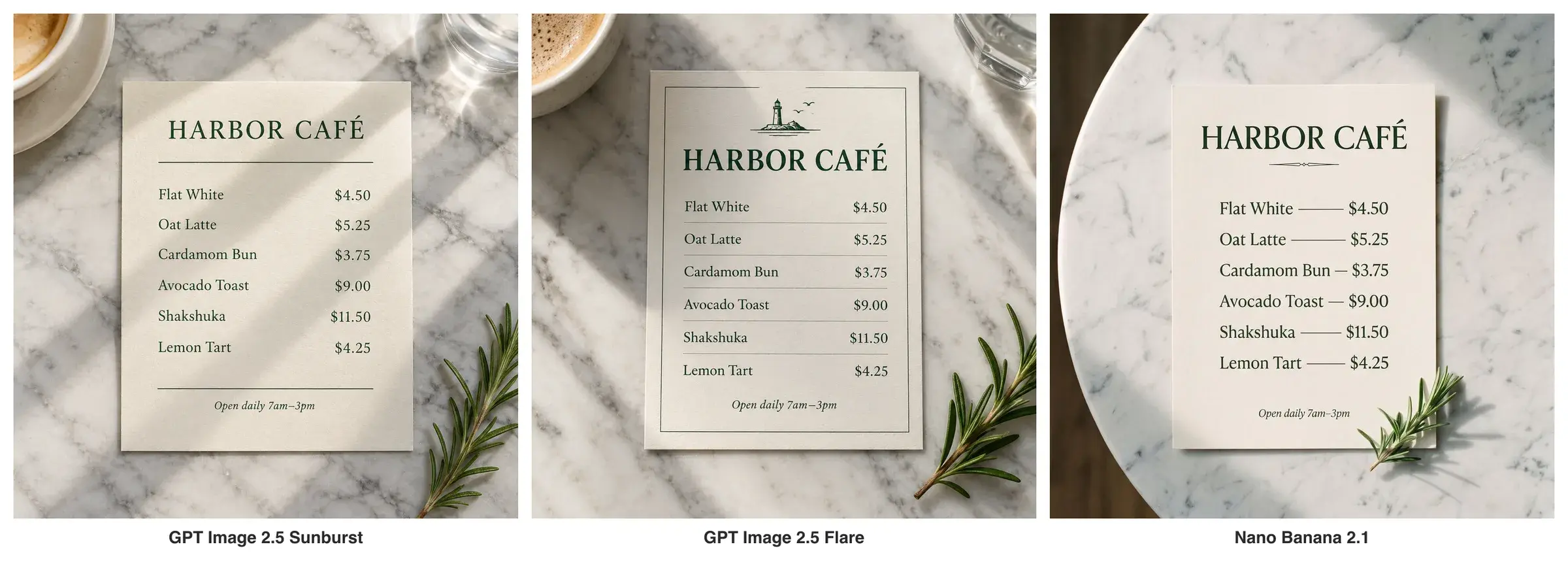 The café menu from the same prompt, run 1: Sunburst on the left, Flare in the middle, Nano Banana 2.1 on the right