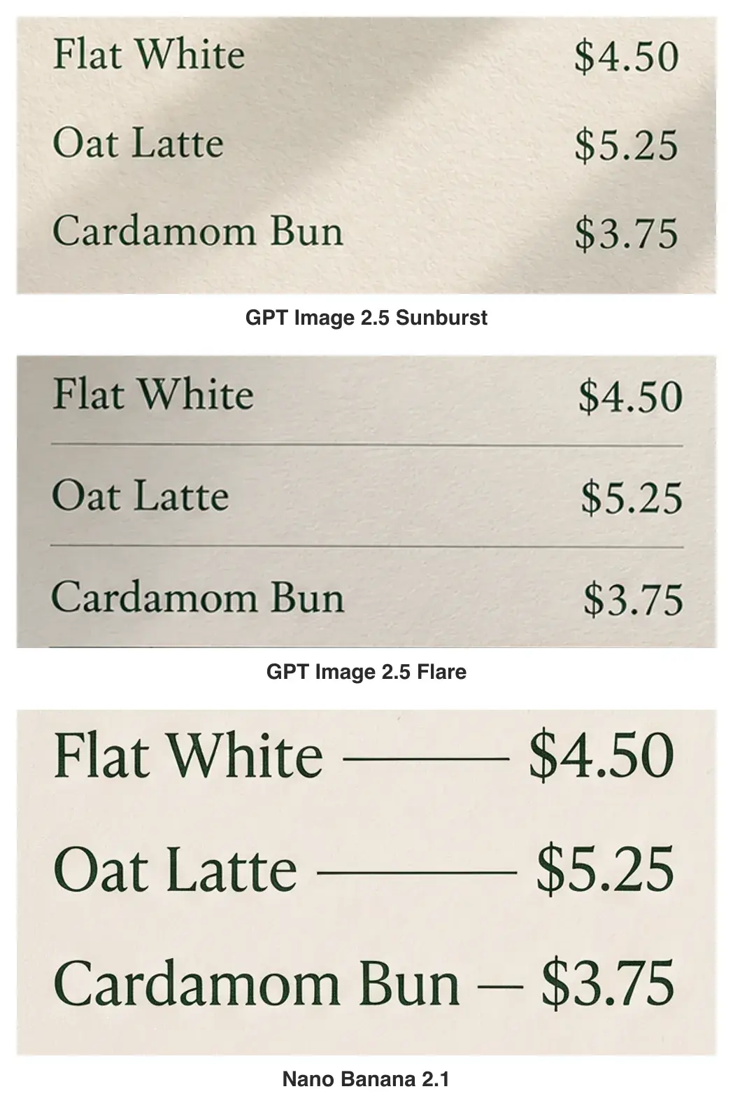 The first three menu lines cropped from run 1: Sunburst on top, Flare in the middle, Nano Banana 2.1 below