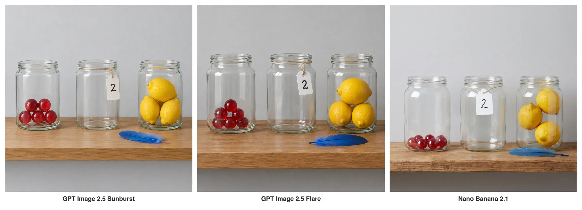 The shelf from the same counting prompt: Sunburst on the left, Flare in the middle, Nano Banana 2.1 on the right