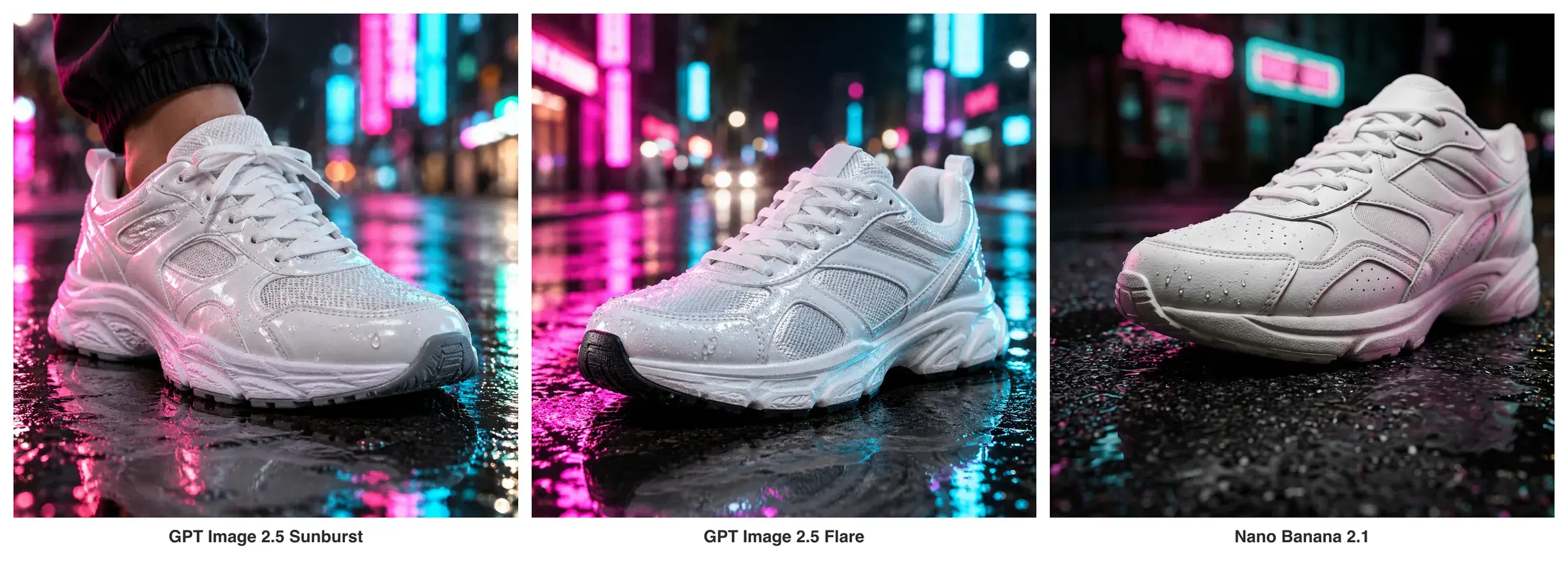 The running-shoe product photo: Sunburst on the left, Flare in the middle, Nano Banana 2.1 on the right