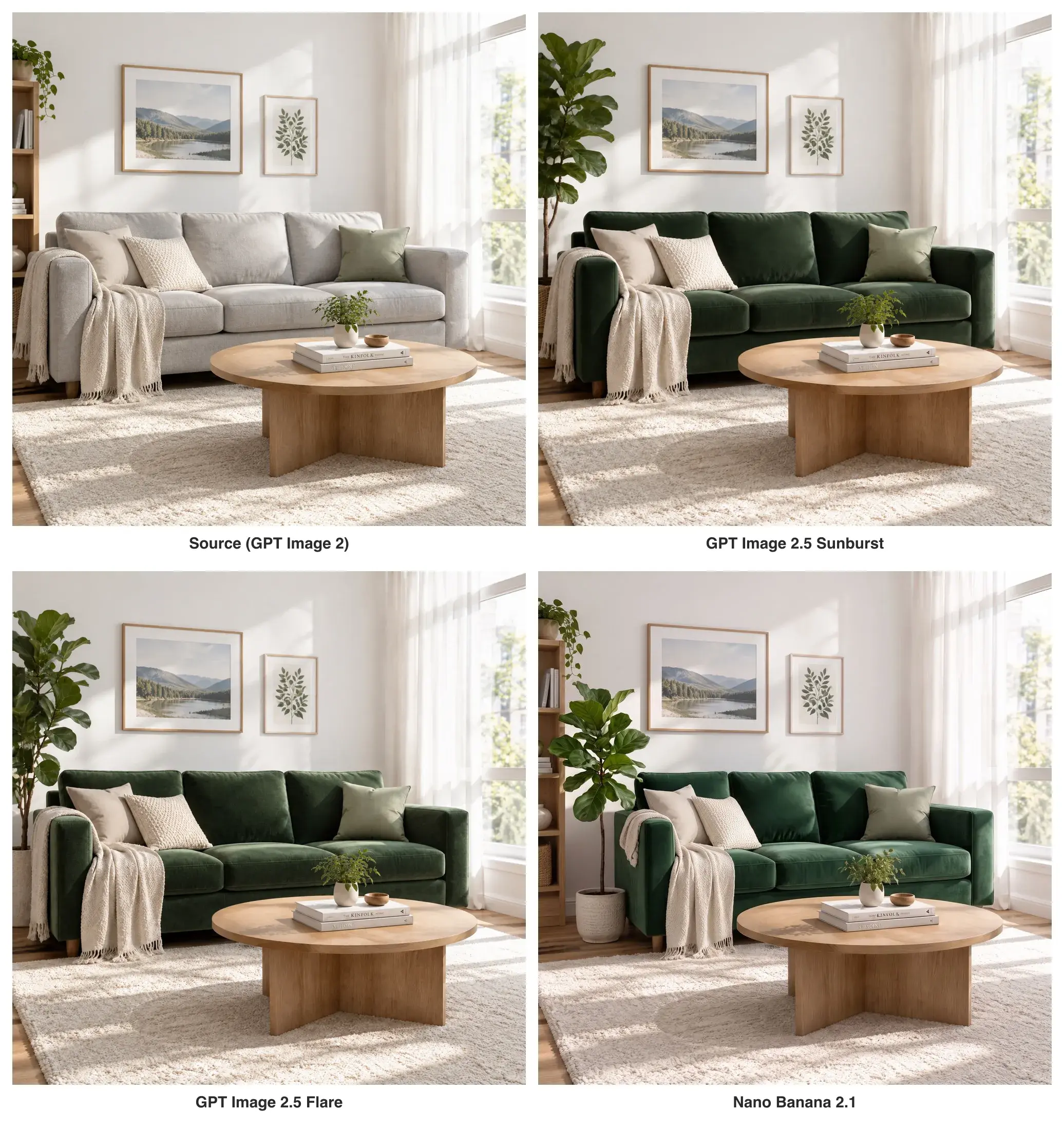 The room edit in a 2x2 grid: GPT Image 2 source photo top left, Sunburst top right, Flare bottom left, Nano Banana 2.1 bottom right