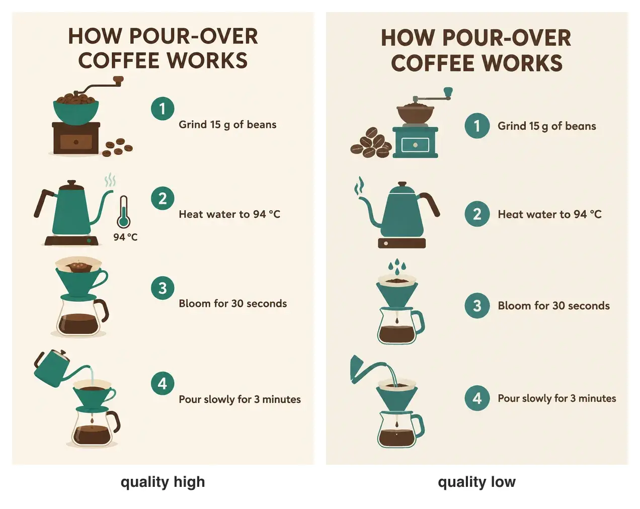 La misma infografía del café en calidad alta a la izquierda y baja a la derecha