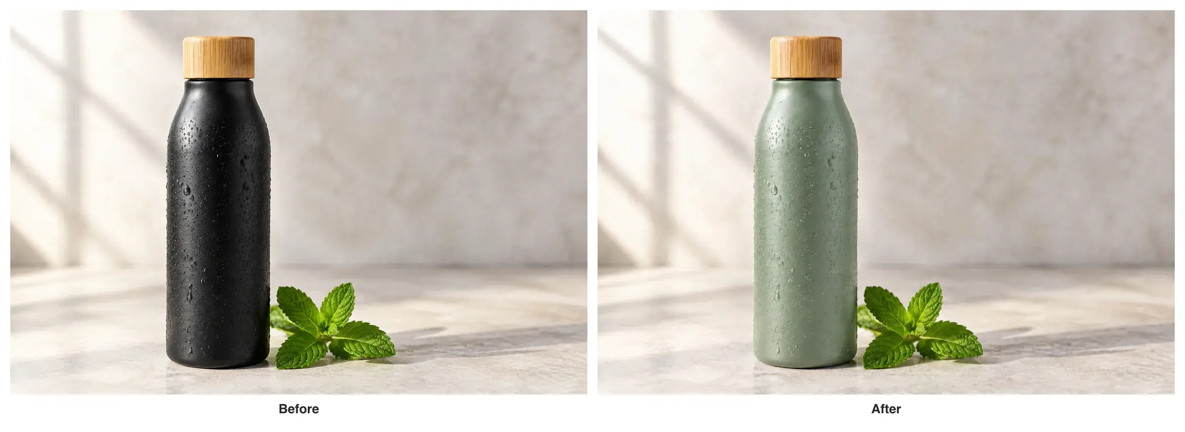 La botella negra antes y la botella verde salvia después, en el mismo sitio