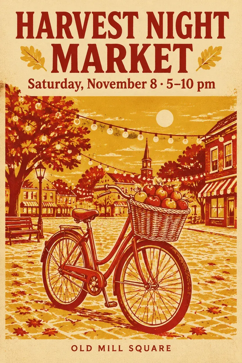 Cartel serigrafiado de mercado con una cesta de manzanas en una bicicleta y luna llena