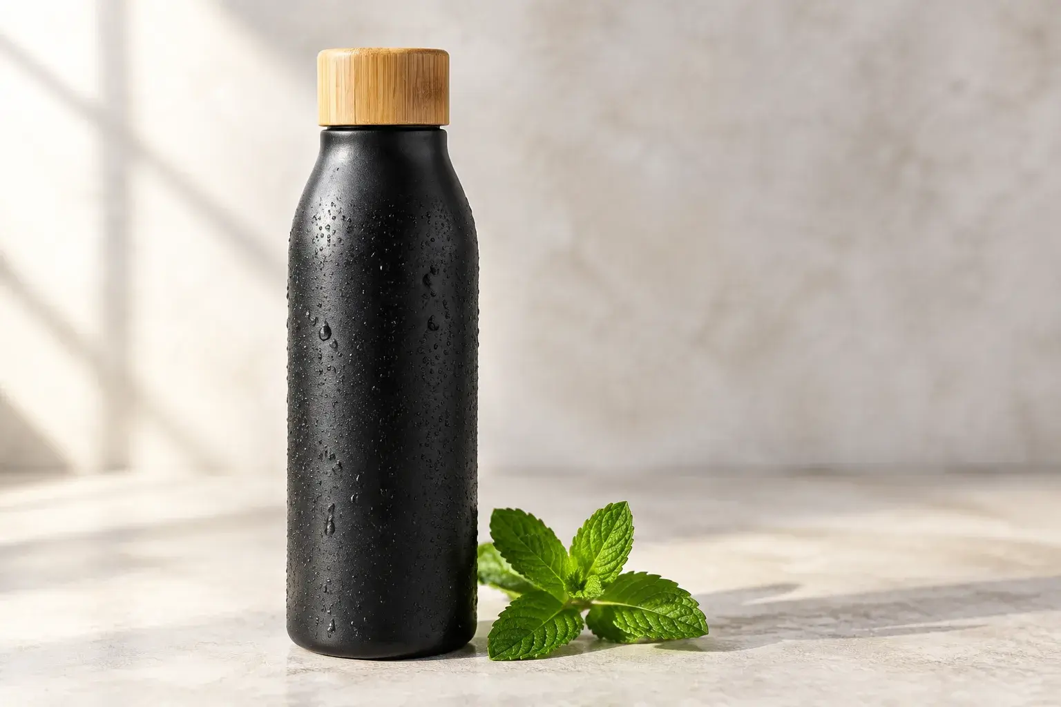 Botella negra mate con tapón de bambú sobre piedra clara y menta al lado