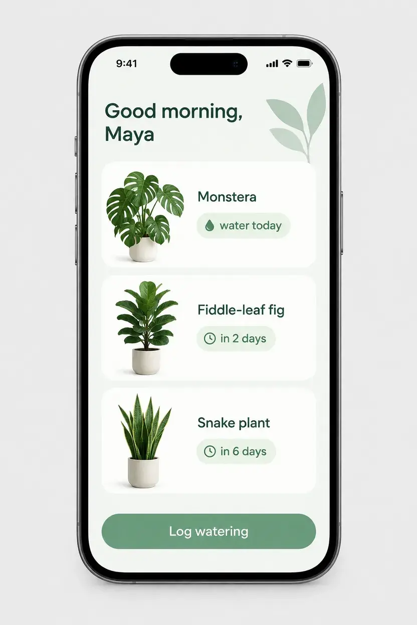 Un teléfono con una app de riego de plantas, tres tarjetas y un botón verde