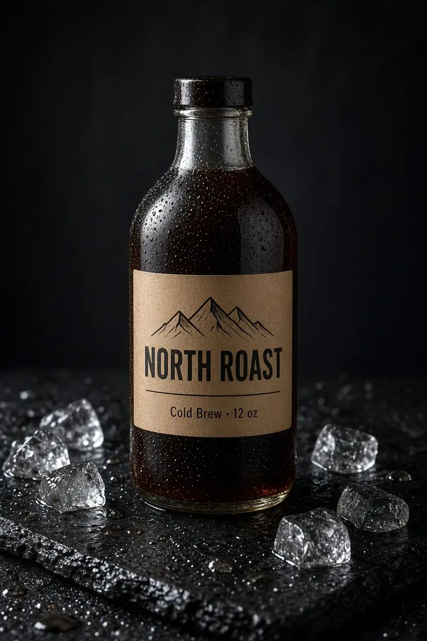Dunkle Cold-Brew-Flasche voller Wassertropfen auf nassem schwarzem Schiefer, das Kraftpapier-Etikett zeigt NORTH ROAST