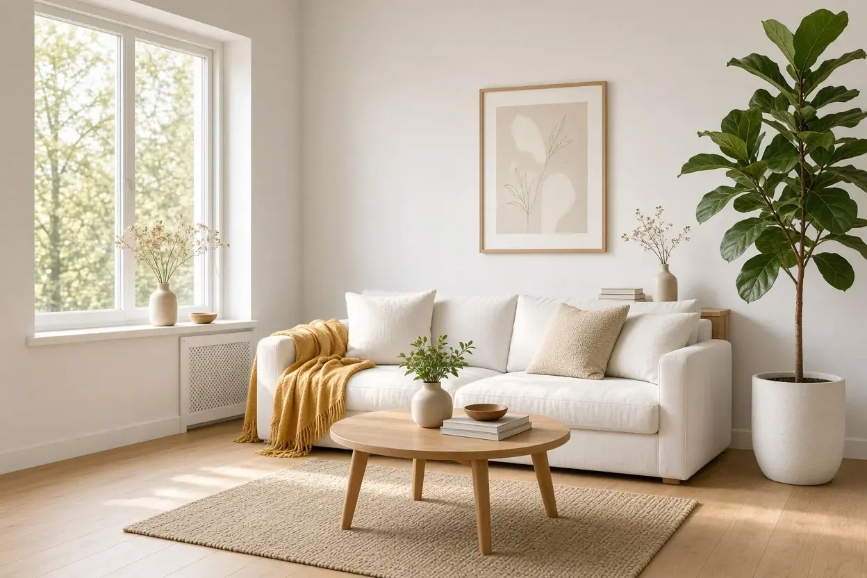 Helles Wohnzimmer mit Eichenboden, weißem Sofa mit senfgelber Decke, rundem Tisch und einer Geigenfeige am Fenster