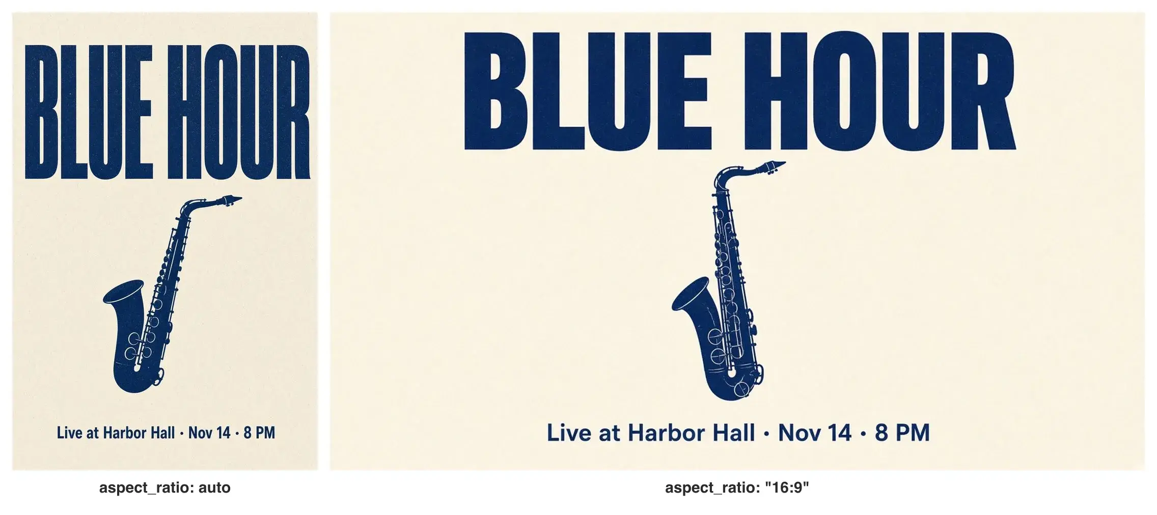 Dasselbe Jazz-Poster zweimal: links hochkant, rechts breit im Format 16:9, beide mit BLUE HOUR