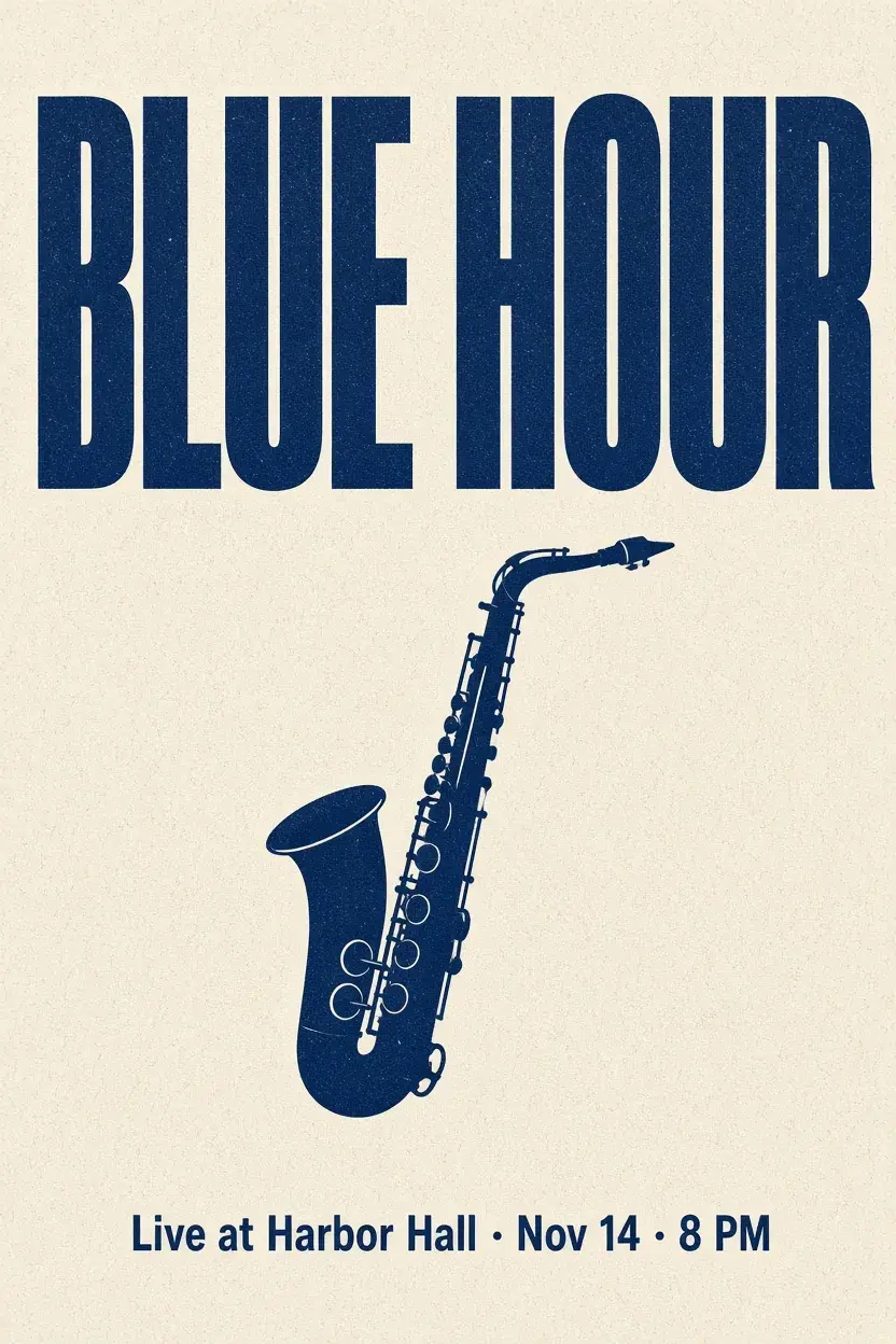 Cremefarbenes Jazz-Poster mit dem Titel BLUE HOUR in Dunkelblau und einem Saxofon darunter