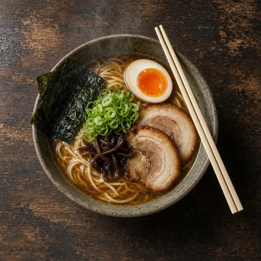 Steingutschale mit Ramen von oben auf dunklem Holz, mit Ei, Chashu, Nori, Frühlingszwiebeln und Stäbchen