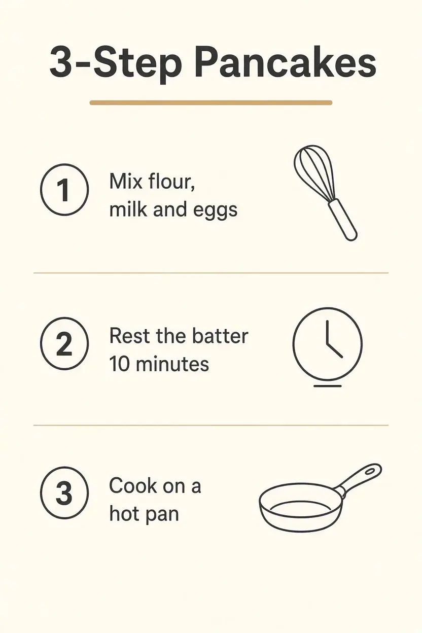 Cremefarbene Rezeptkarte mit dem Titel 3-Step Pancakes, drei Textzeilen und Icons von Schneebesen, Uhr und Pfanne