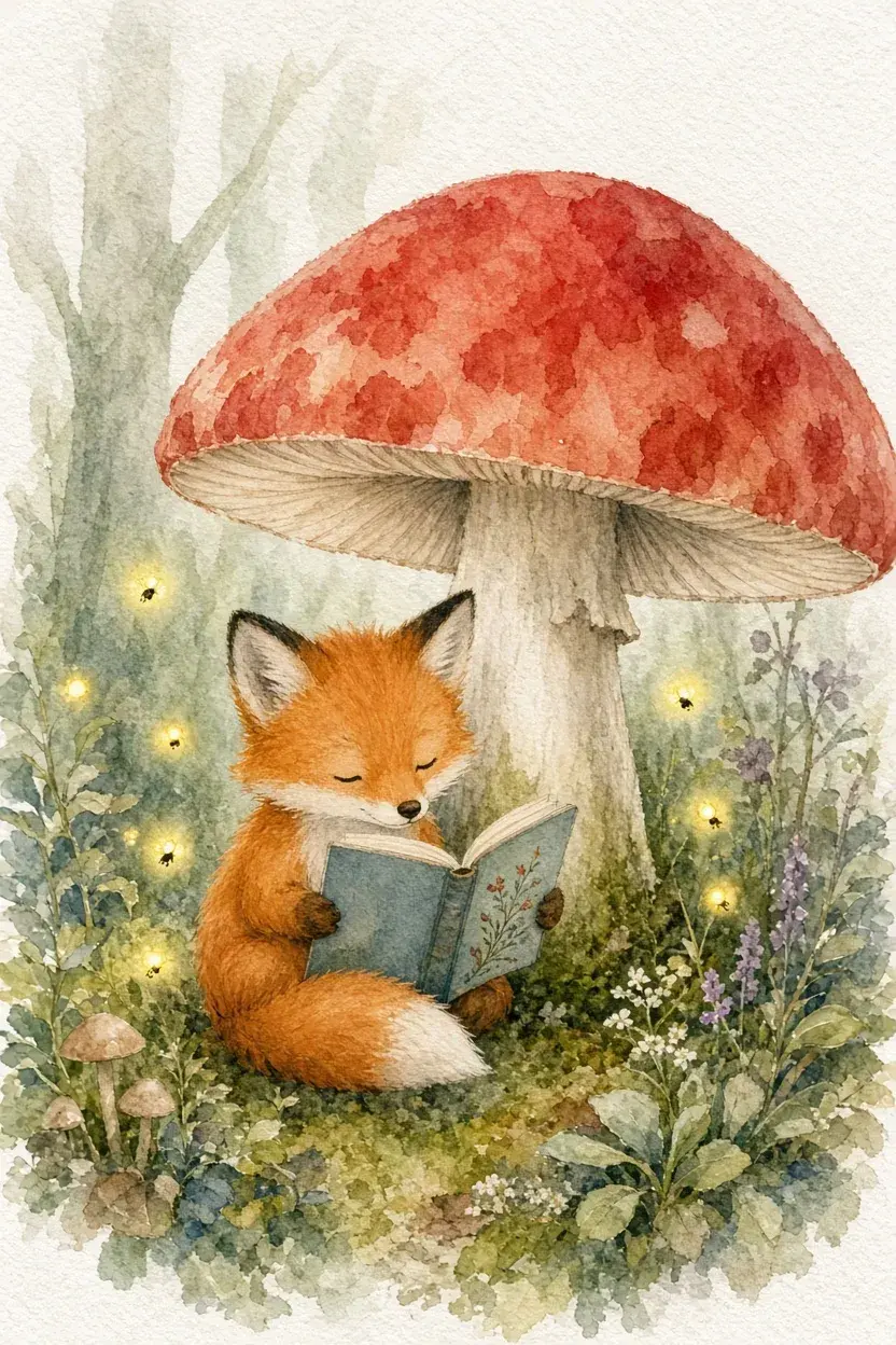 Weiches Aquarell eines orangefarbenen Fuchses unter einem großen rothütigen Pilz mit einem aufgeschlagenen blauen Buch und Glühwürmchen