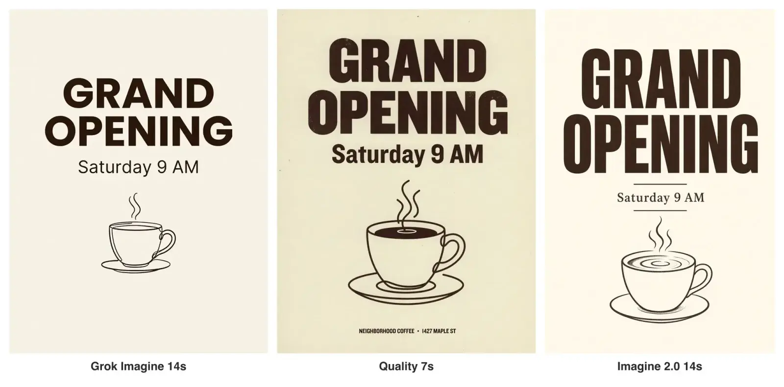 The same coffee-shop poster prompt in three Grok models: all three spell GRAND OPENING and Saturday 9 AM correctly; the Quality model adds an extra line of text at the bottom