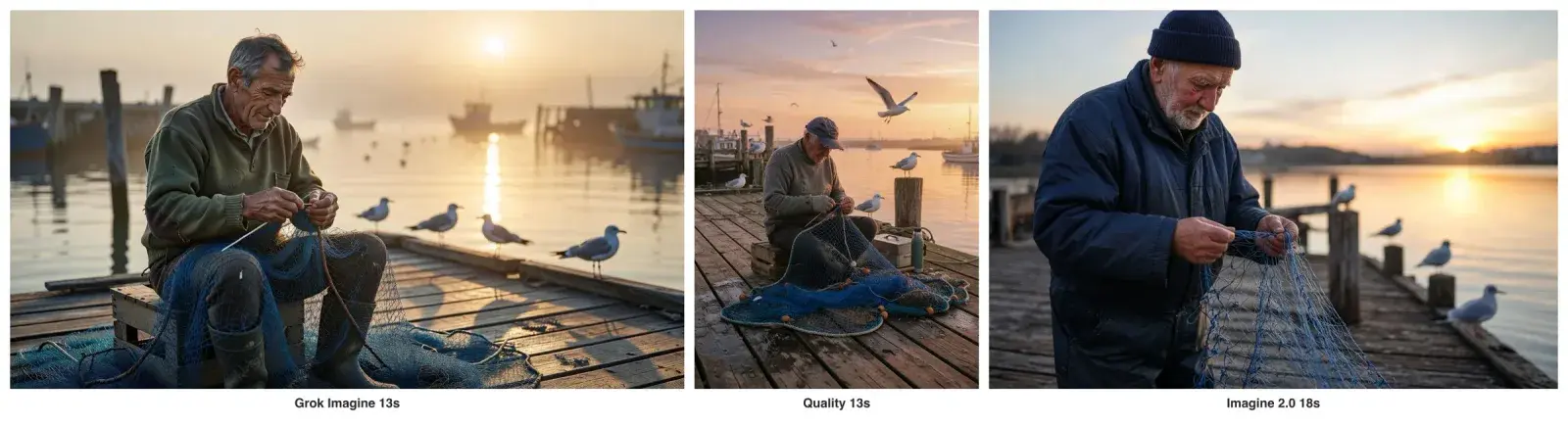 Three fishermen mending blue nets on docks at sunrise: the original Grok Imagine in warm golden light, Quality with a smaller figure, and Grok Imagine 2.0 as a close-up with a blurred background