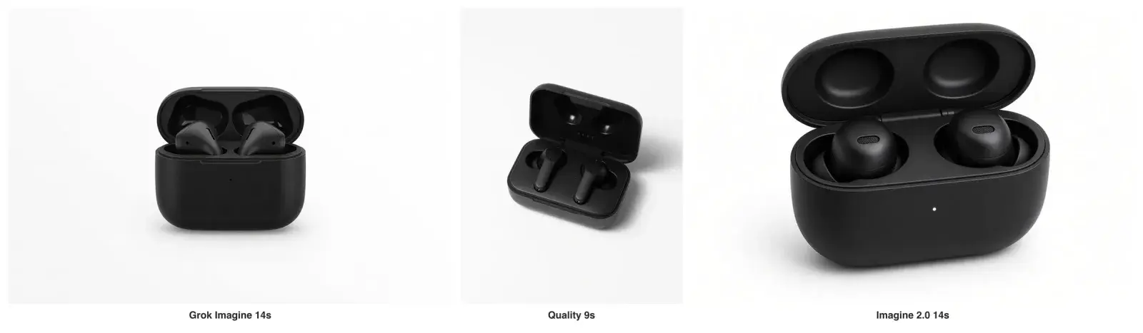 Three black earbud cases with the lid open on white: small in the frame in the original model, angled in Quality, and large and detailed in Grok Imagine 2.0