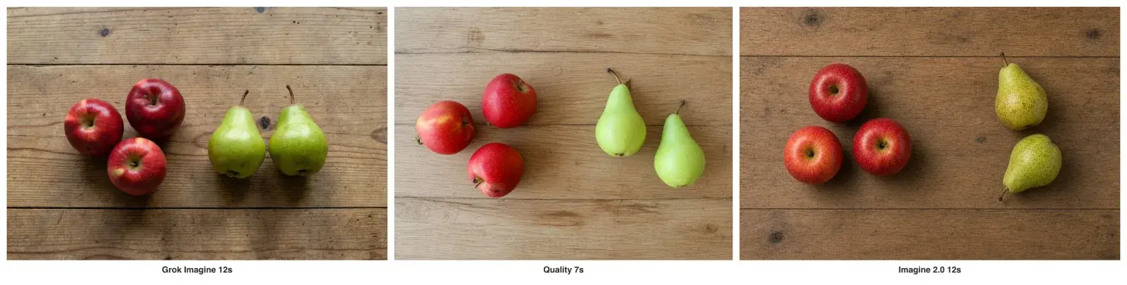Three tables, each with three red apples on the left and two pears on the right: the original model shows the pears standing upright, Quality shows a clean top-down view, and 2.0 shows yellow-green pears