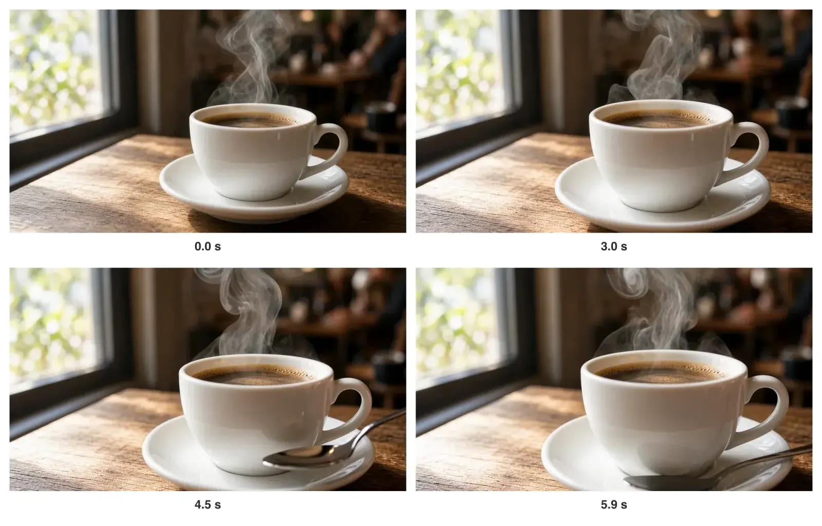 Four frames from a 6-second Grok Imagine Video 1.5 clip of a steaming white coffee cup on a wooden café table by a window: the camera moves closer, and a spoon appears on the saucer at 4.5 seconds
