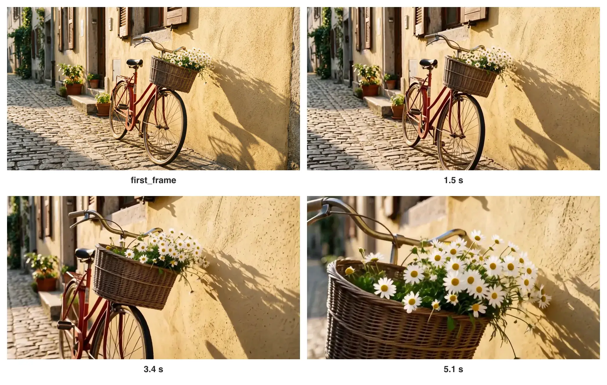 The still and three frames from the Hailuo H3 bicycle clip: a red bicycle on a yellow wall, then daisies filling the frame