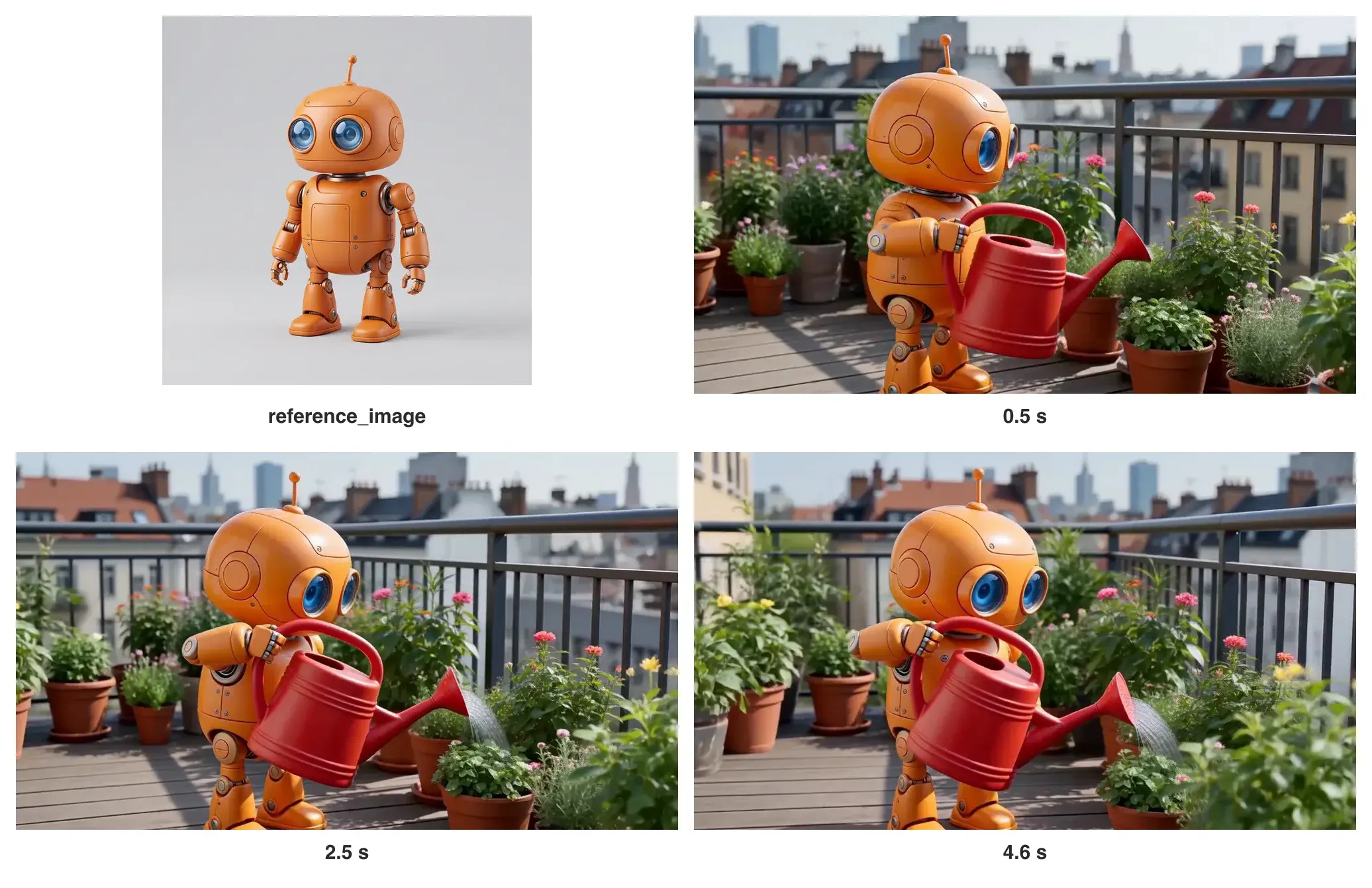 The reference image and three frames from the Hailuo H3 robot clip: an orange robot watering plants on a sunny balcony