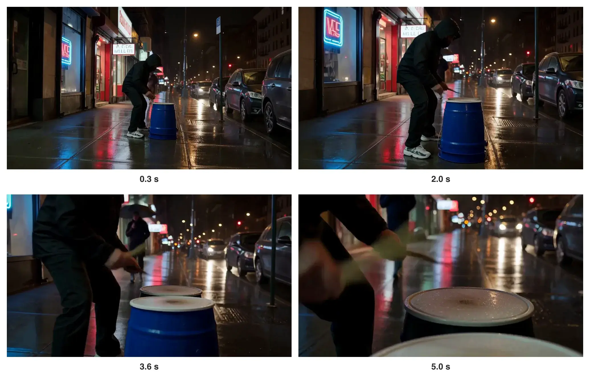 Four frames from the Hailuo H3 drummer clip: a hooded drummer over blue buckets on a wet neon sidewalk