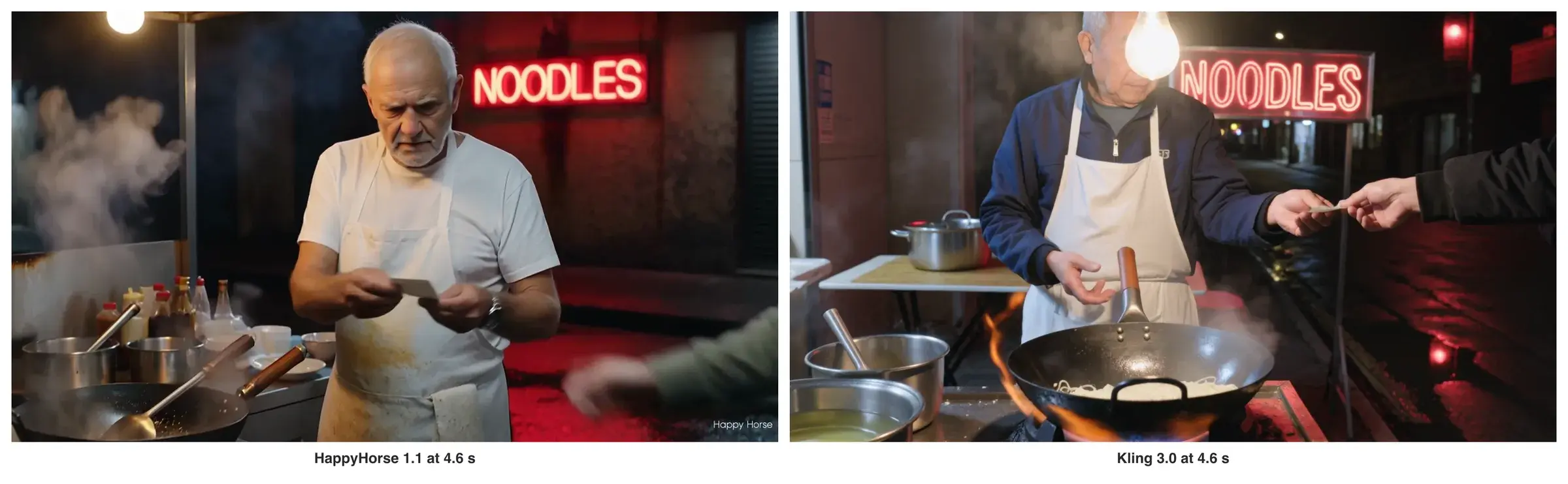 Frames at 4.6 seconds from the same noodle stall prompt, HappyHorse 1.1 on the left and Kling 3.0 on the right