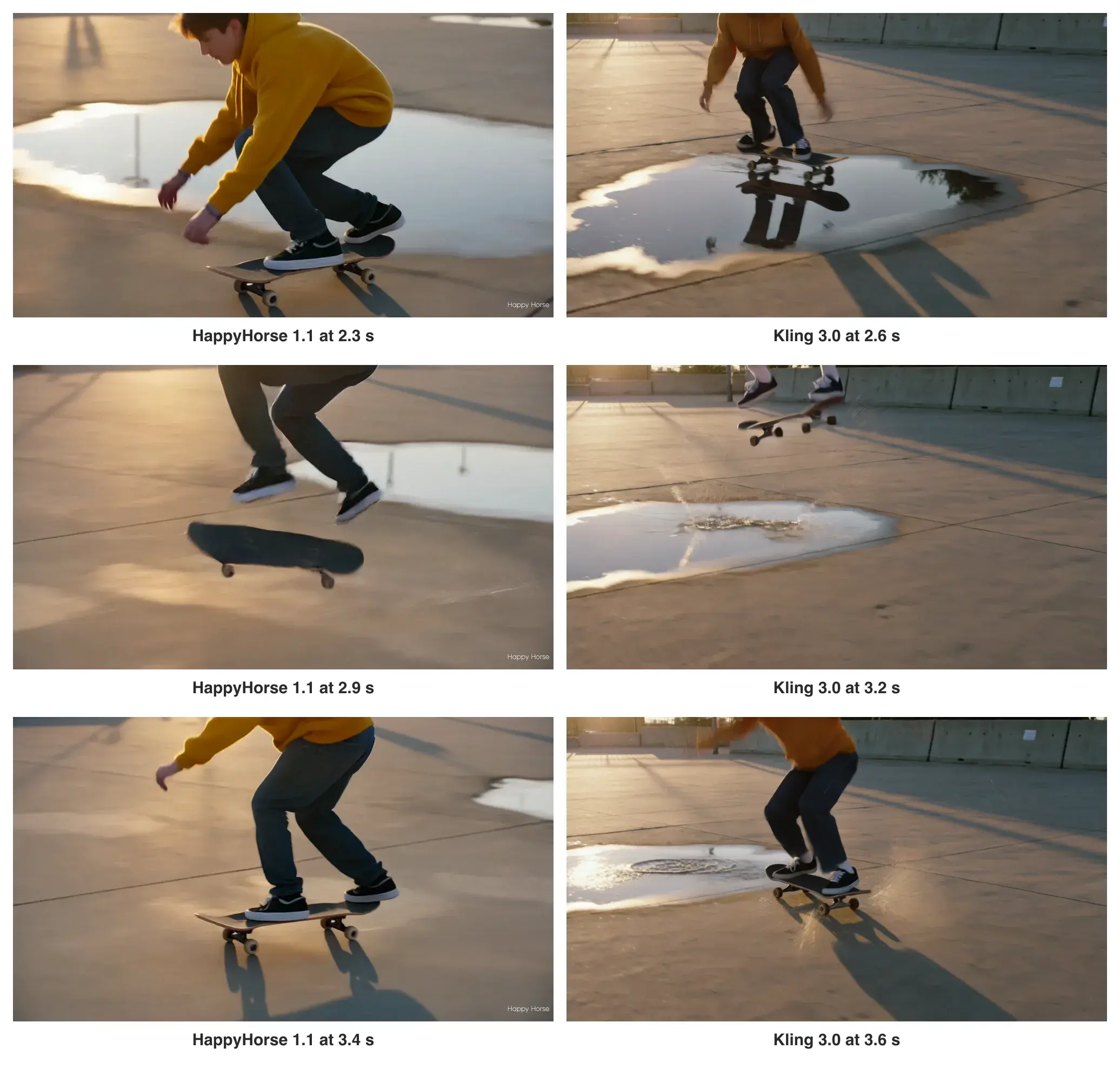 Three frames from each clip: HappyHorse 1.1 on the left at 2.3, 2.9 and 3.4 seconds, Kling 3.0 on the right at 2.6, 3.2 and 3.6 seconds
