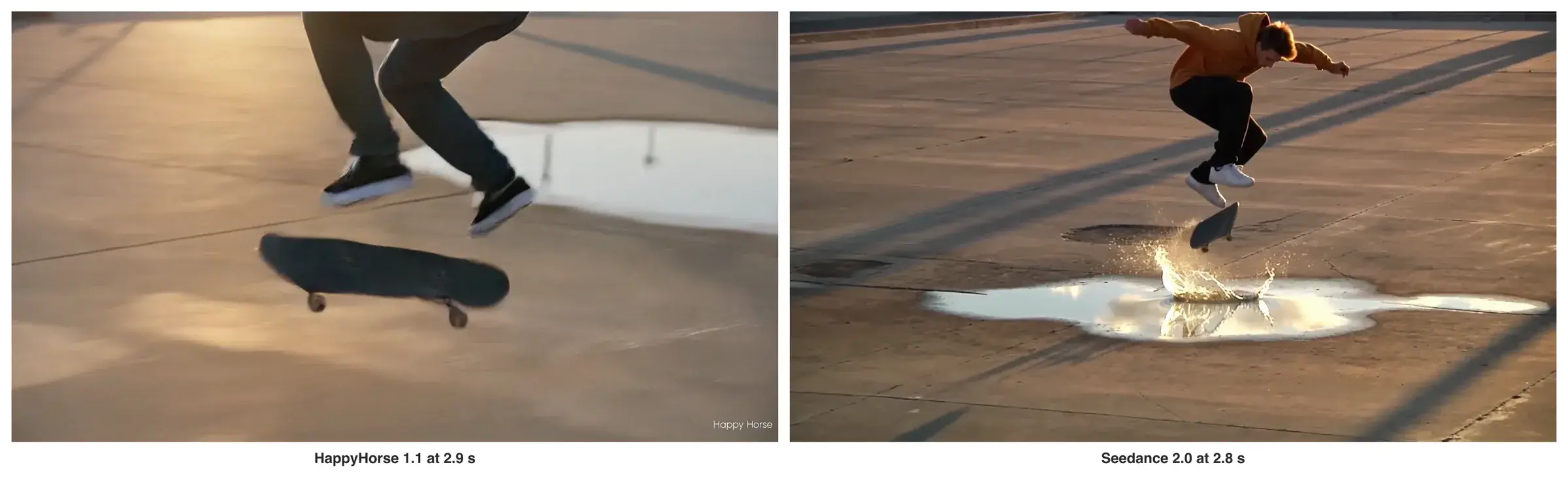 Frames at the jump from the same skate prompt, HappyHorse 1.1 on the left at 2.9 seconds and Seedance 2.0 on the right at 2.8 seconds