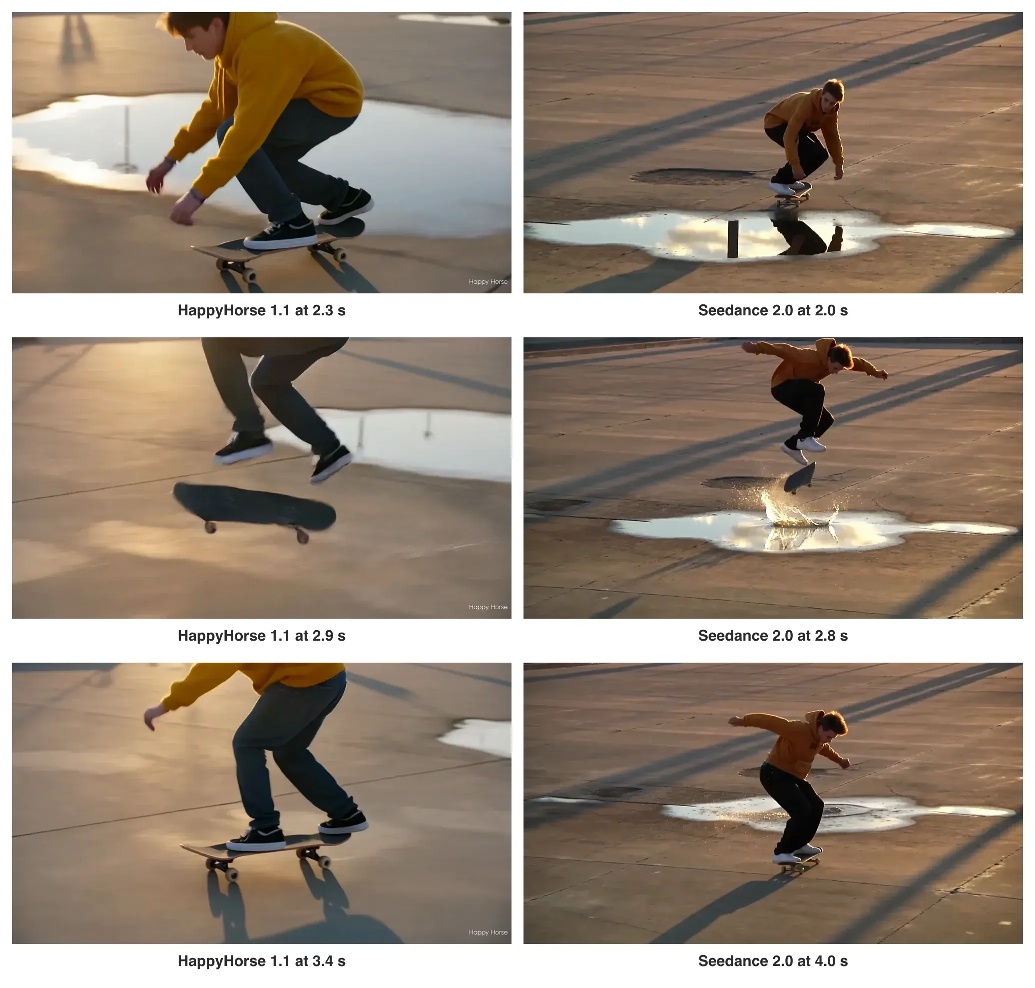 Three frames from each clip: HappyHorse 1.1 on the left at 2.3, 2.9 and 3.4 seconds, Seedance 2.0 on the right at 2.0, 2.8 and 4.0 seconds