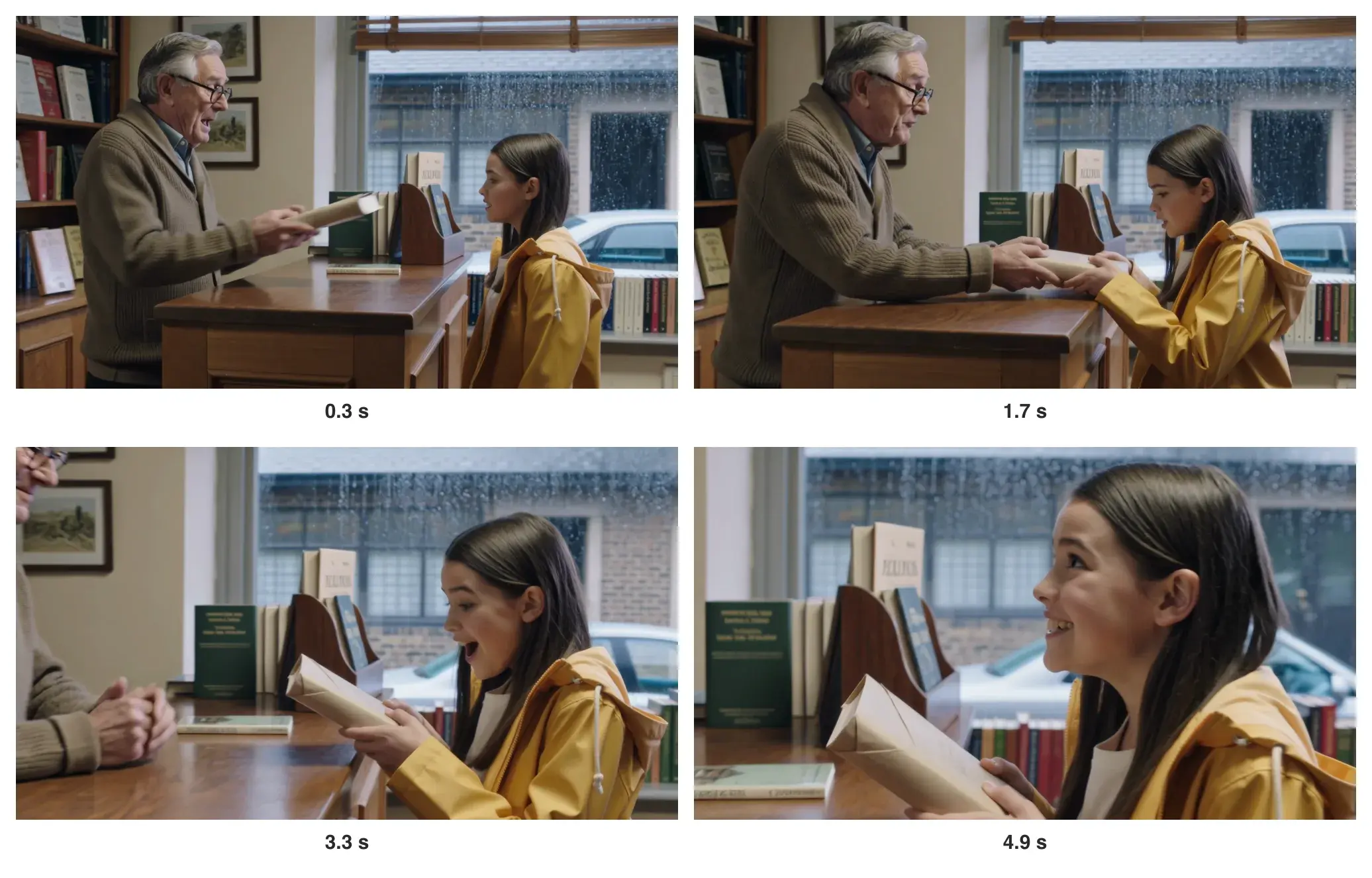 Four frames: the owner handing a wrapped book to the girl in a yellow raincoat at 0.3 and 1.7 seconds, then her face filling the frame at 3.3 and 4.9 seconds