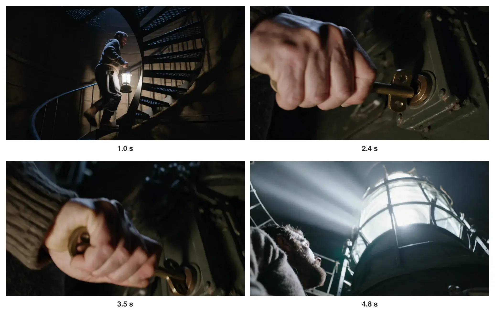 Four frames: the keeper climbing the staircase at 1.0 seconds, his hand on the brass key at 2.4 and 3.5 seconds, and the lit lamp at 4.8 seconds