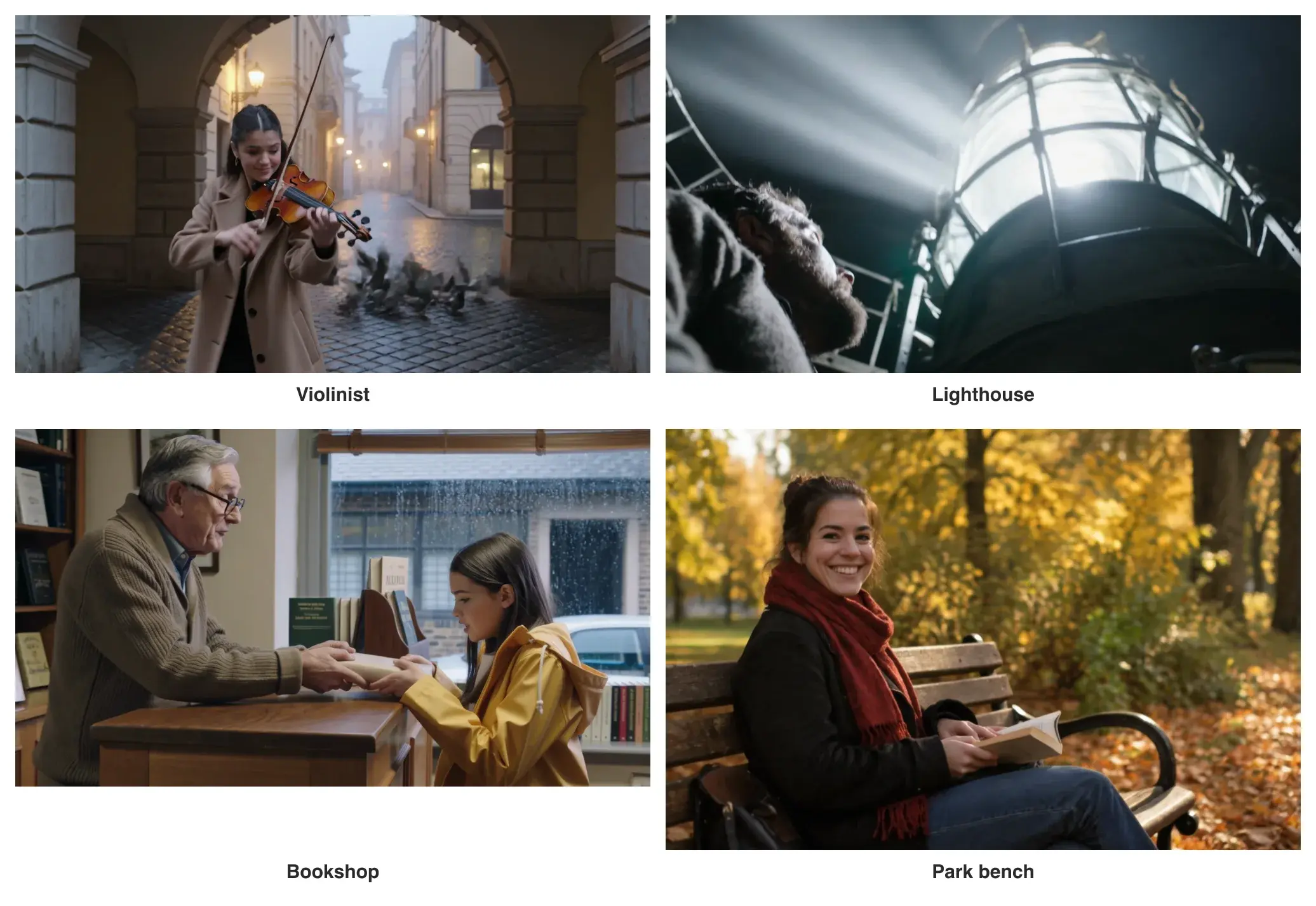 Four frames, one from each Kling 3.0 clip: a violinist under an archway, a keeper with a lantern on an iron staircase, a bookshop owner handing over a book, and a woman on a bench turning to smile