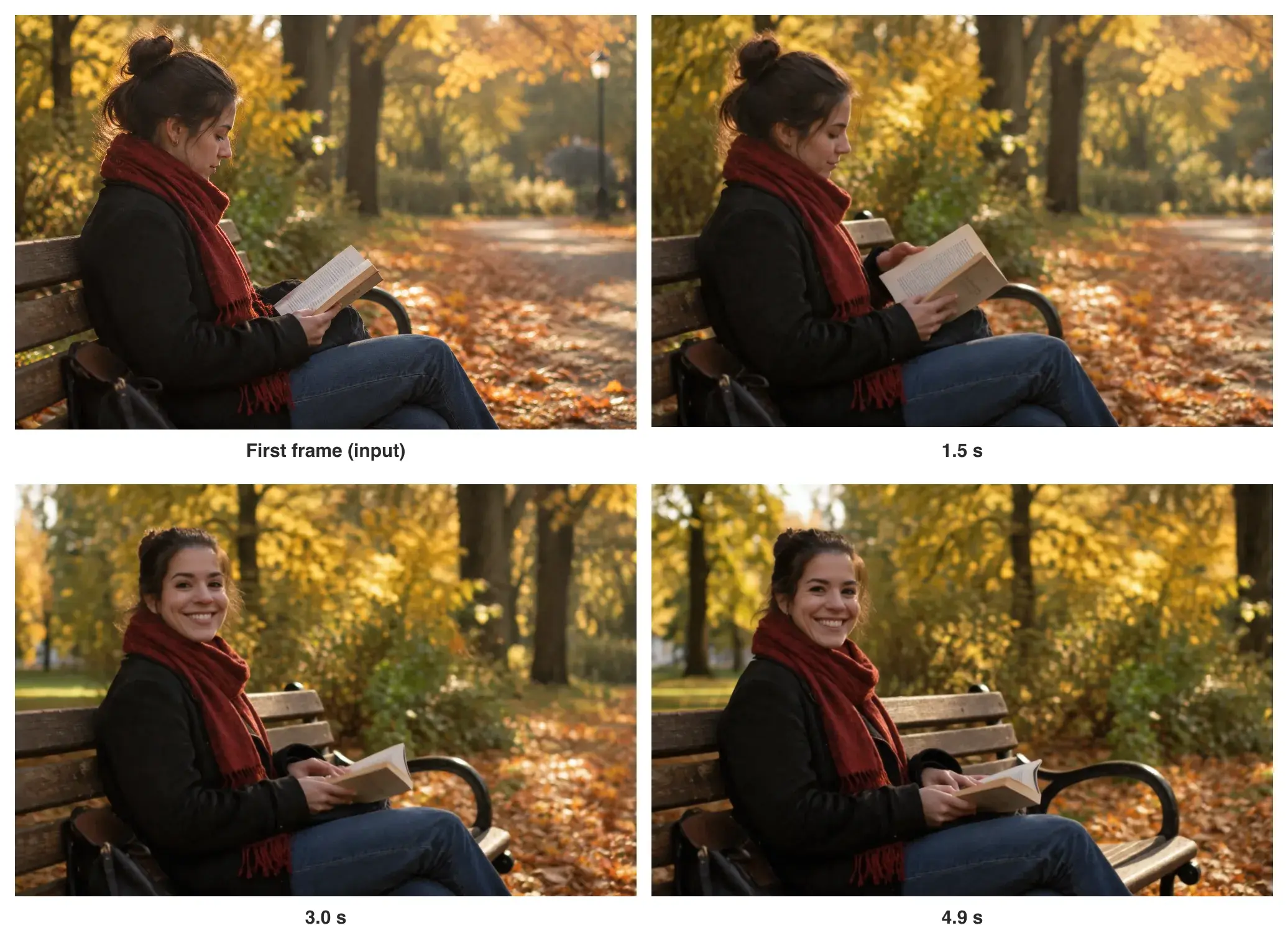 Four frames: the input still of a woman reading on a bench, then her at 1.5 seconds still reading, at 3.0 seconds turned to the camera and smiling, and at 4.9 seconds still smiling with the book open