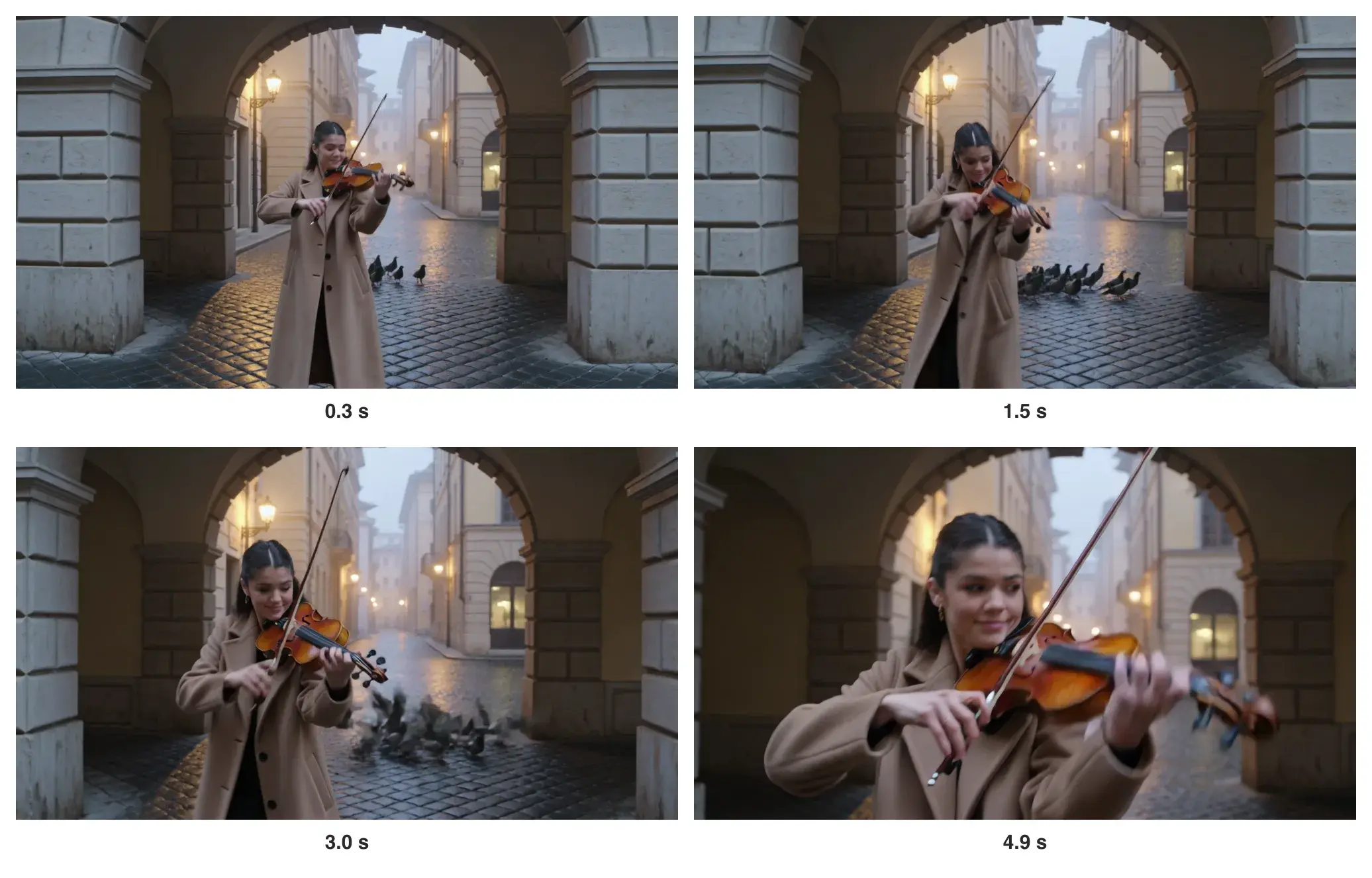 Four frames of the violinist: under the archway at 0.3 seconds, a few pigeons on the cobblestones at 1.5 seconds, pigeons lifting at 3.0 seconds, and the closer frame at 4.9 seconds