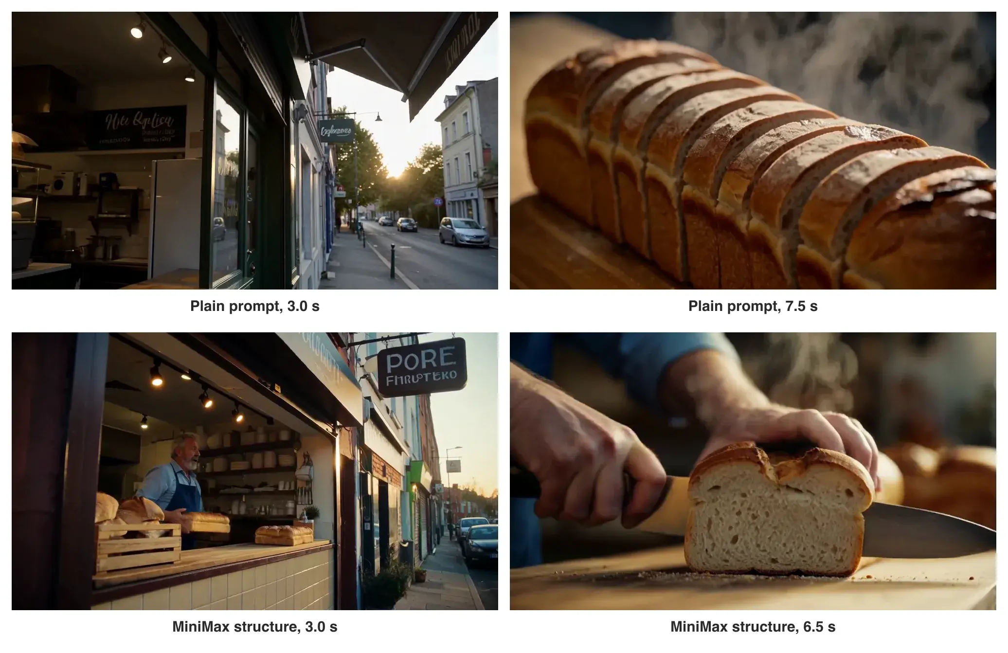 Four frames: the plain-sentence bakery at 3.0 and 7.5 seconds, then the structured bakery at 3.0 and 6.5 seconds