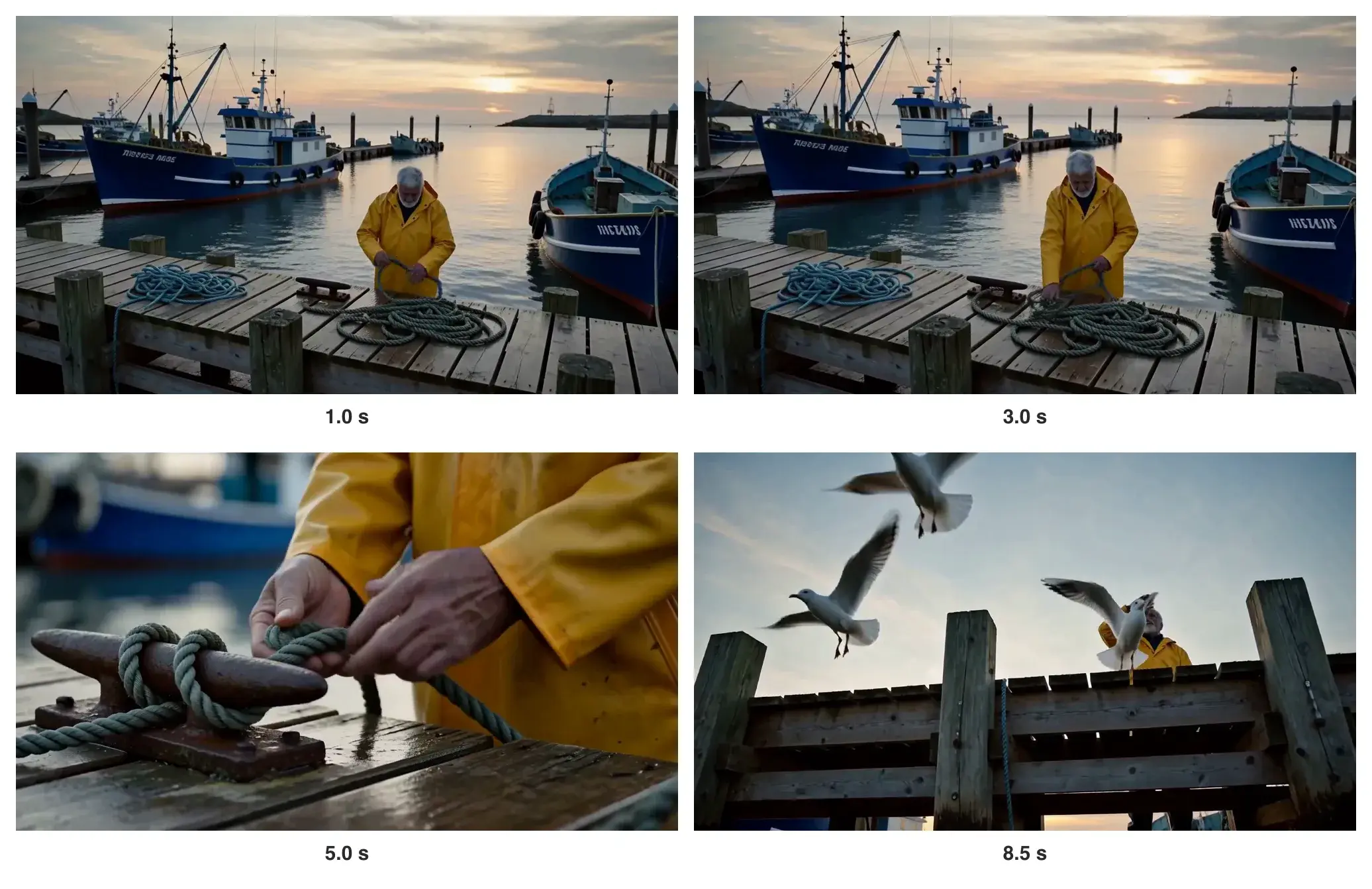 Four frames: the fisherman coiling rope on the pier at 1.0 and 3.0 seconds, his hands tying the cleat at 5.0 seconds, and the gulls leaving the rail at 8.5 seconds