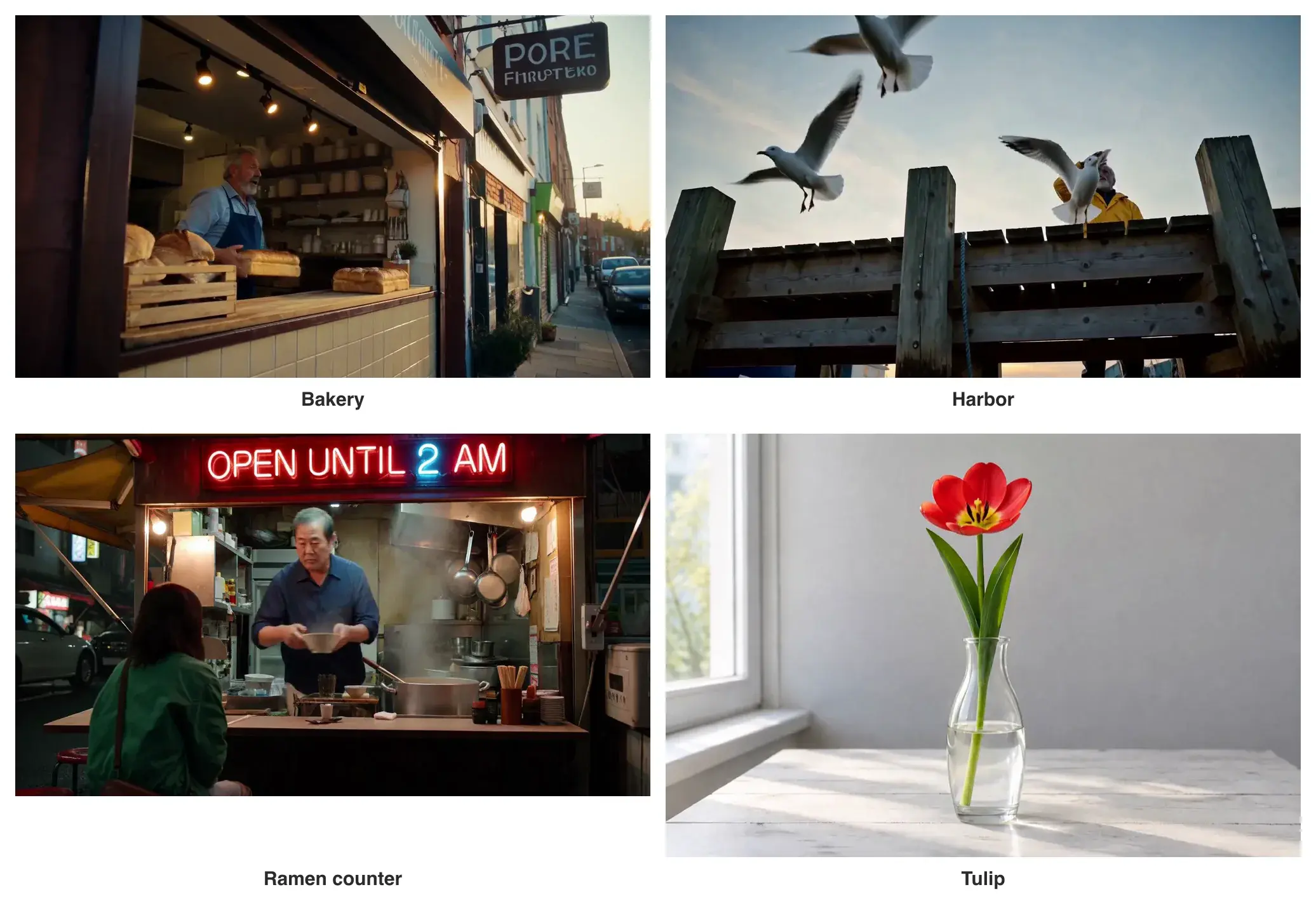 Four frames: a bakery counter at 3.0 seconds, a fisherman and gulls on a harbor pier, a ramen counter under a neon sign, and a tulip opening in a vase