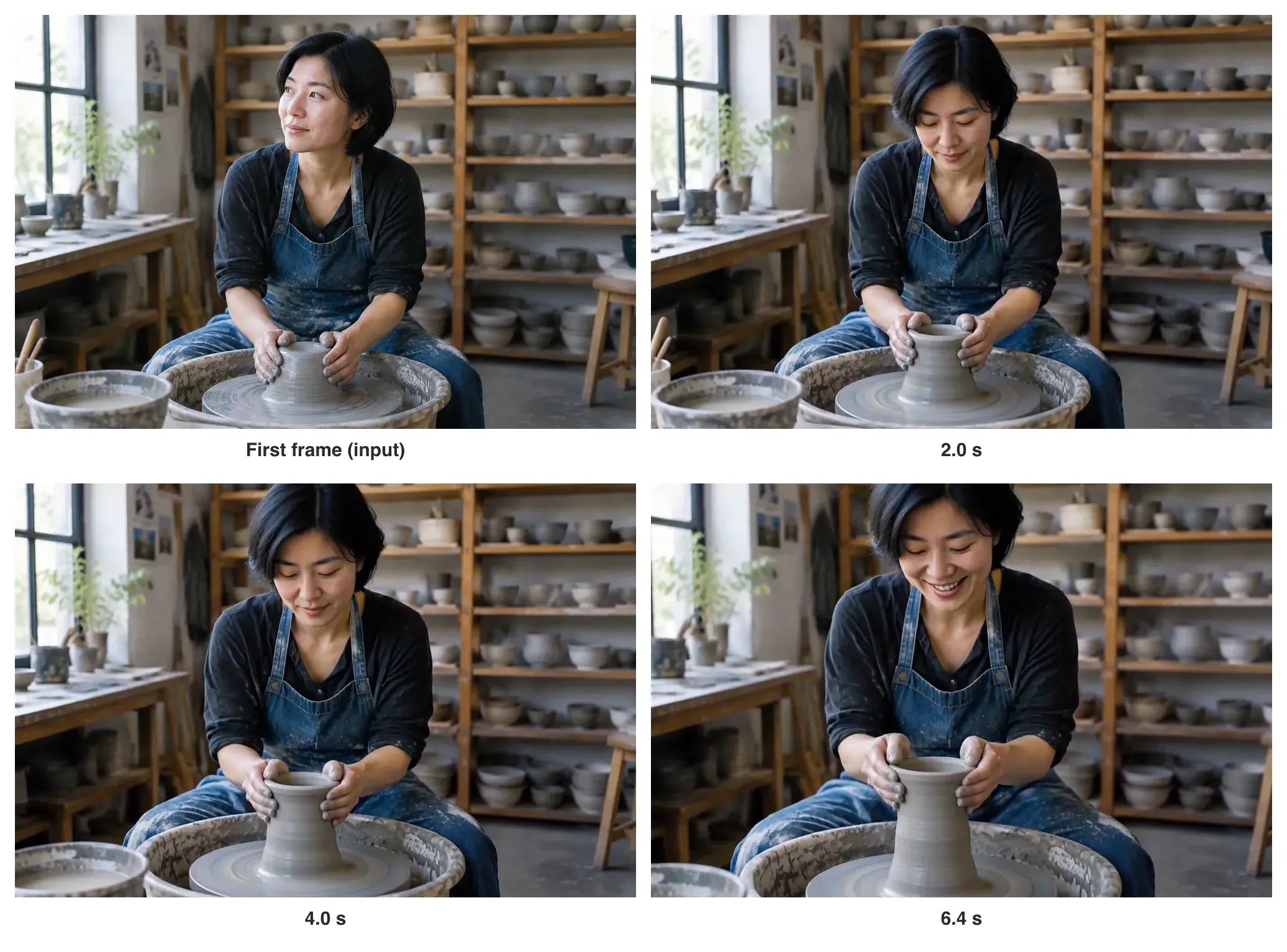 Four frames of the potter: the still, then the clay at 2.0 seconds as a cone, at 4.0 seconds as a tall form, and at 6.4 seconds taller, with her smiling