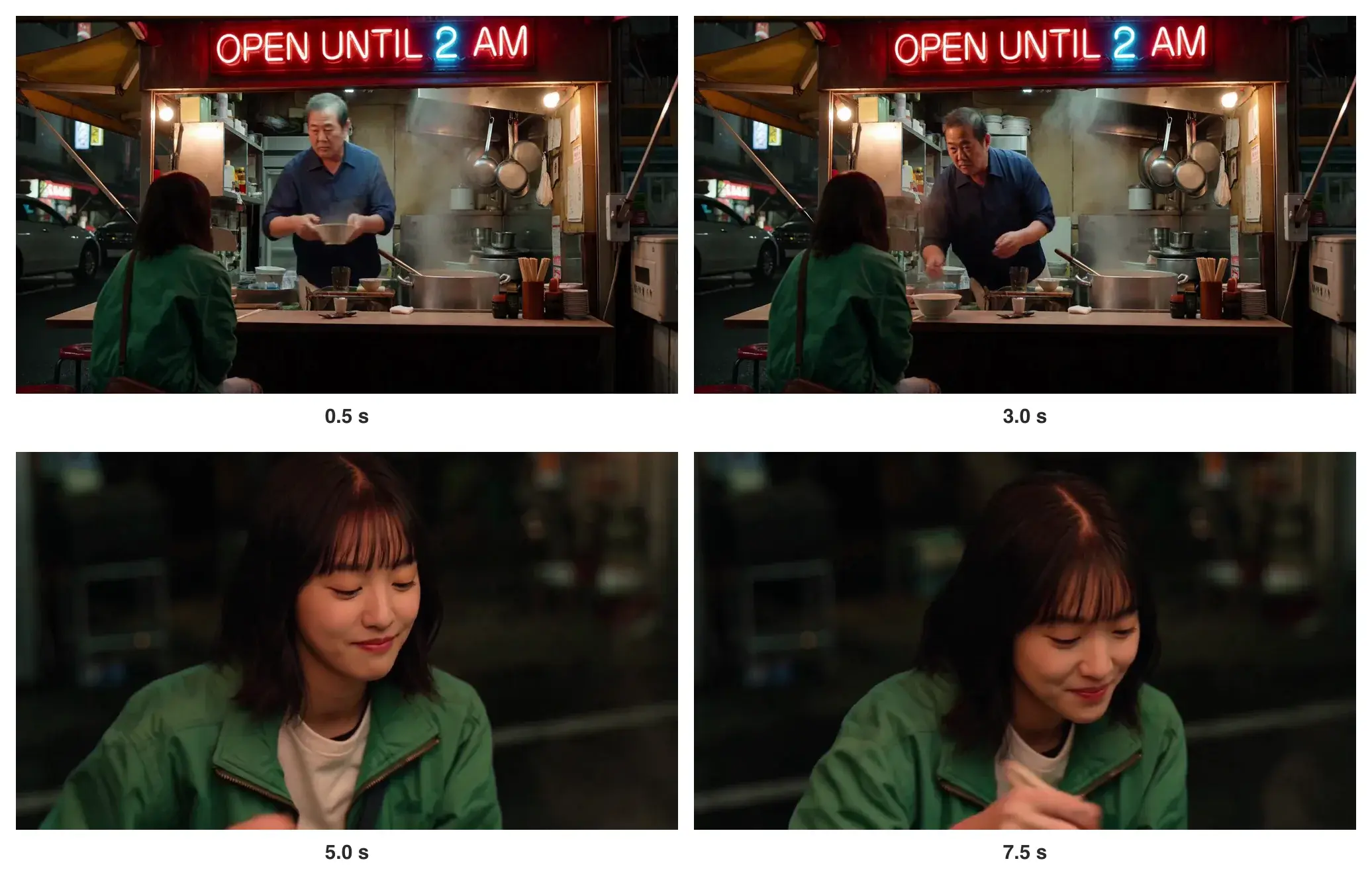 Four frames: the ramen counter under the OPEN UNTIL 2 AM sign at 0.5 and 3.0 seconds, then the young woman at 5.0 and 7.5 seconds