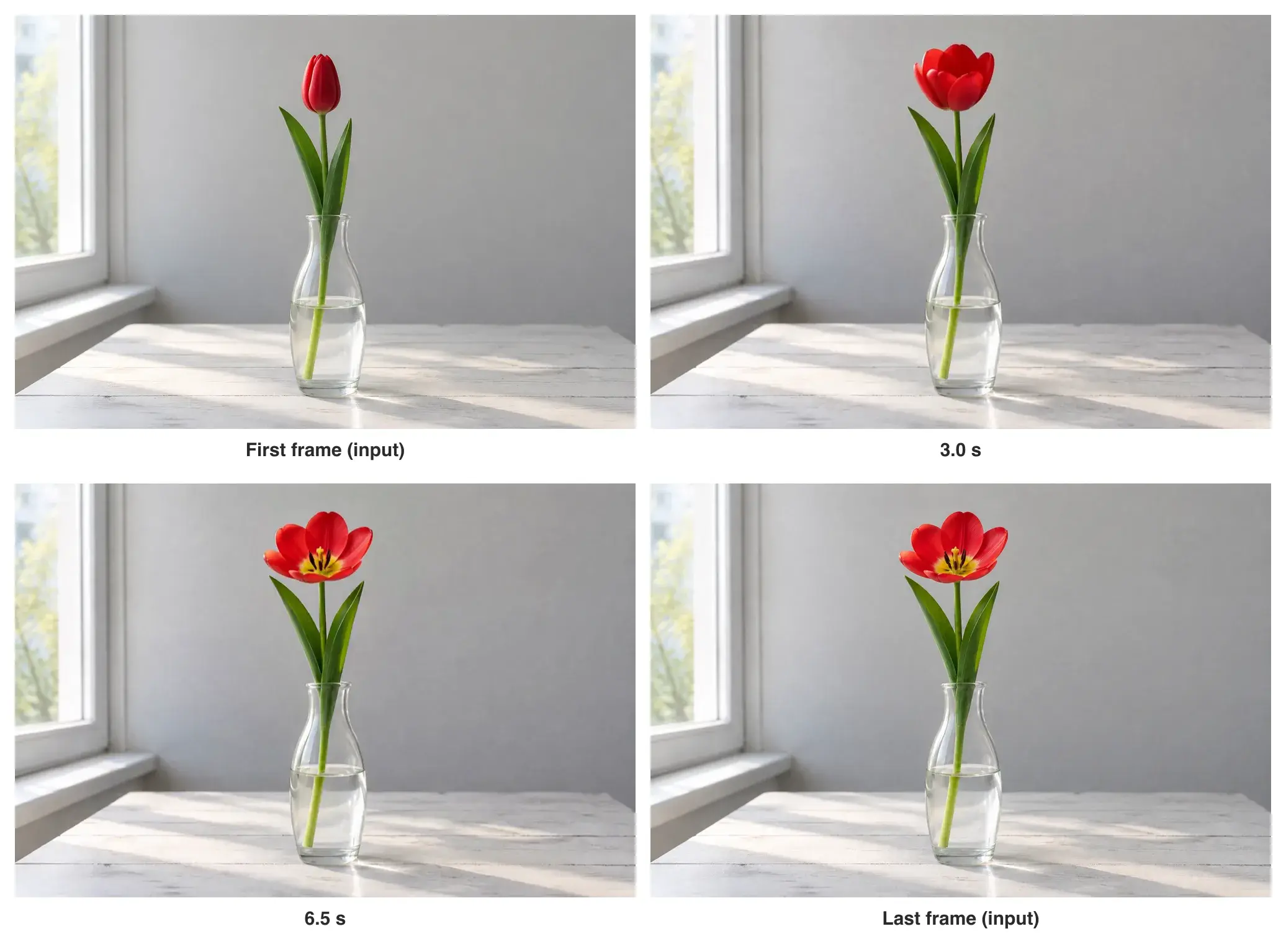Four frames: the first still with the closed bud, the flower part-open at 3.0 seconds, the open flower at 6.5 seconds, and the last still