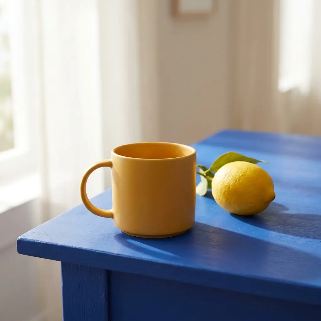 Nano Banana Pro product photo of a yellow mug and lemon on a blue table