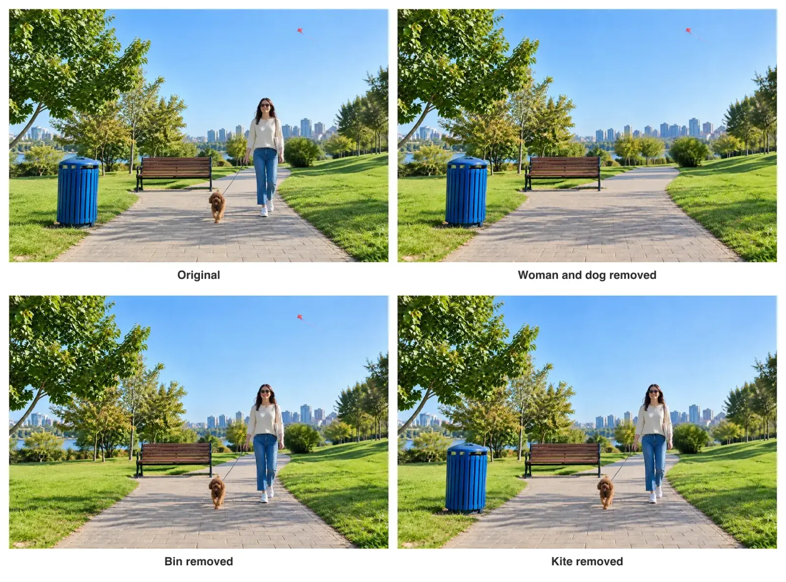 Four tiles: the original park path, then the same frame with the woman and dog removed, the bin removed and the kite removed