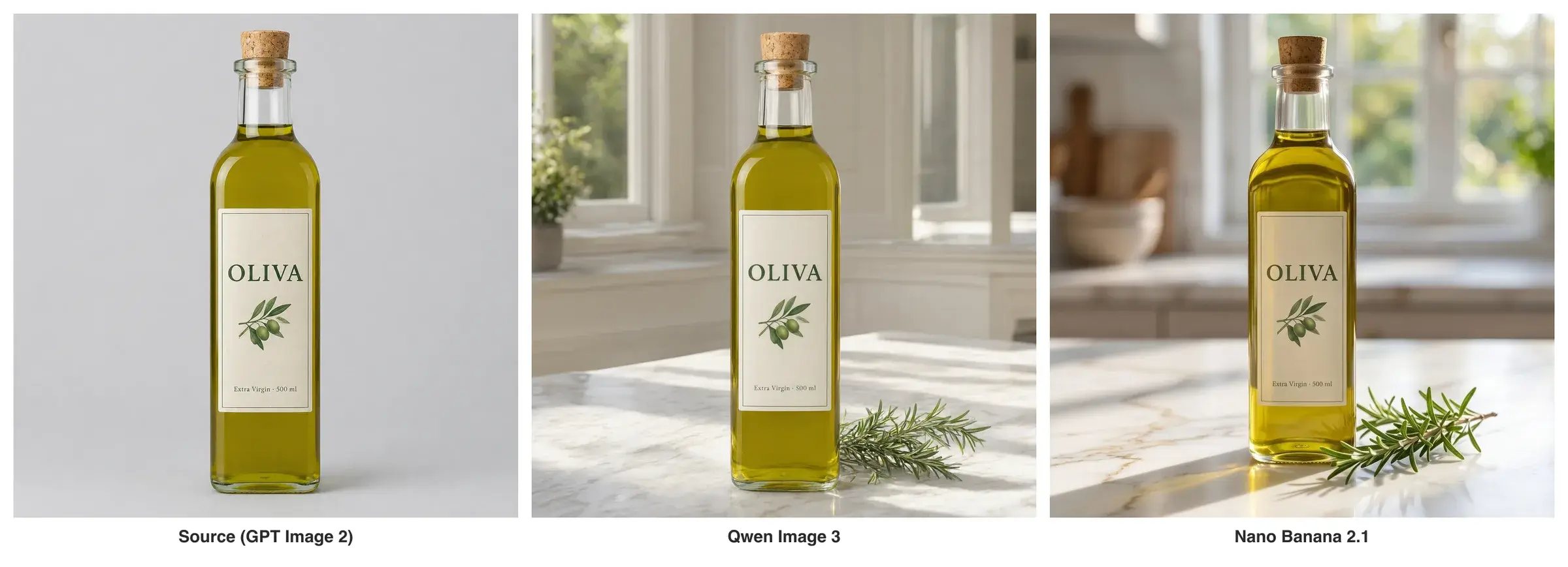 左が元のボトル写真、中央が Qwen Image 3 の編集、右が Nano Banana 2.1 の編集