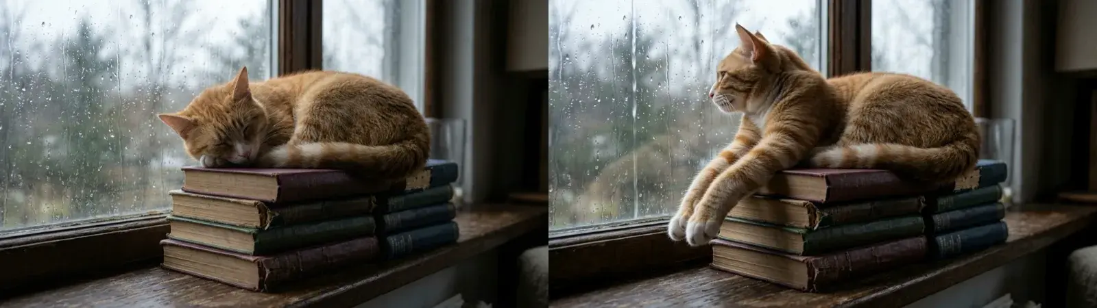 The ginger cat still sent as the first frame on the left, and the last frame of the clip on the right, with its paws stretched over the books and its head turned to the window.